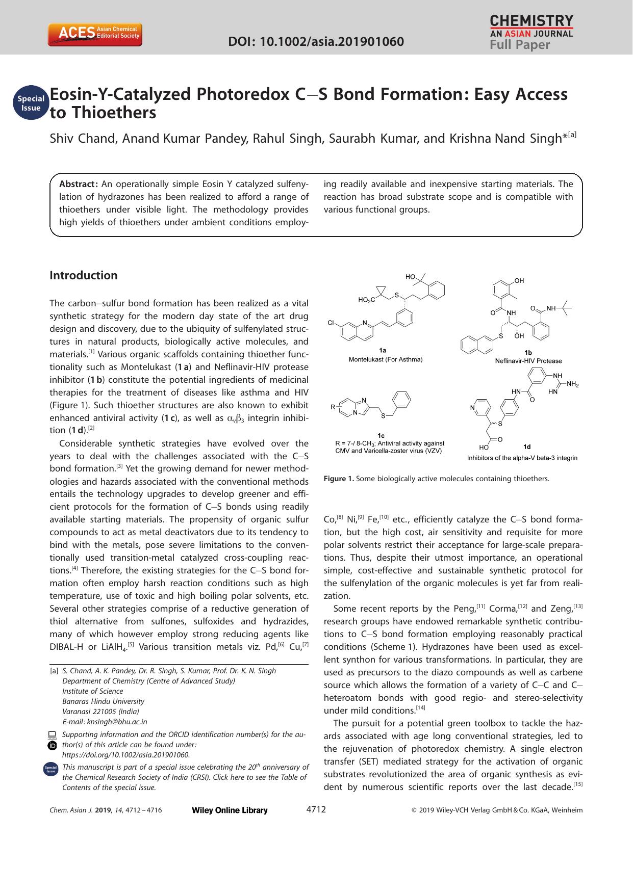 EosinâYâCatalyzed Photoredox CâS Bond Formation: Easy Access to Thioethers by Unknown