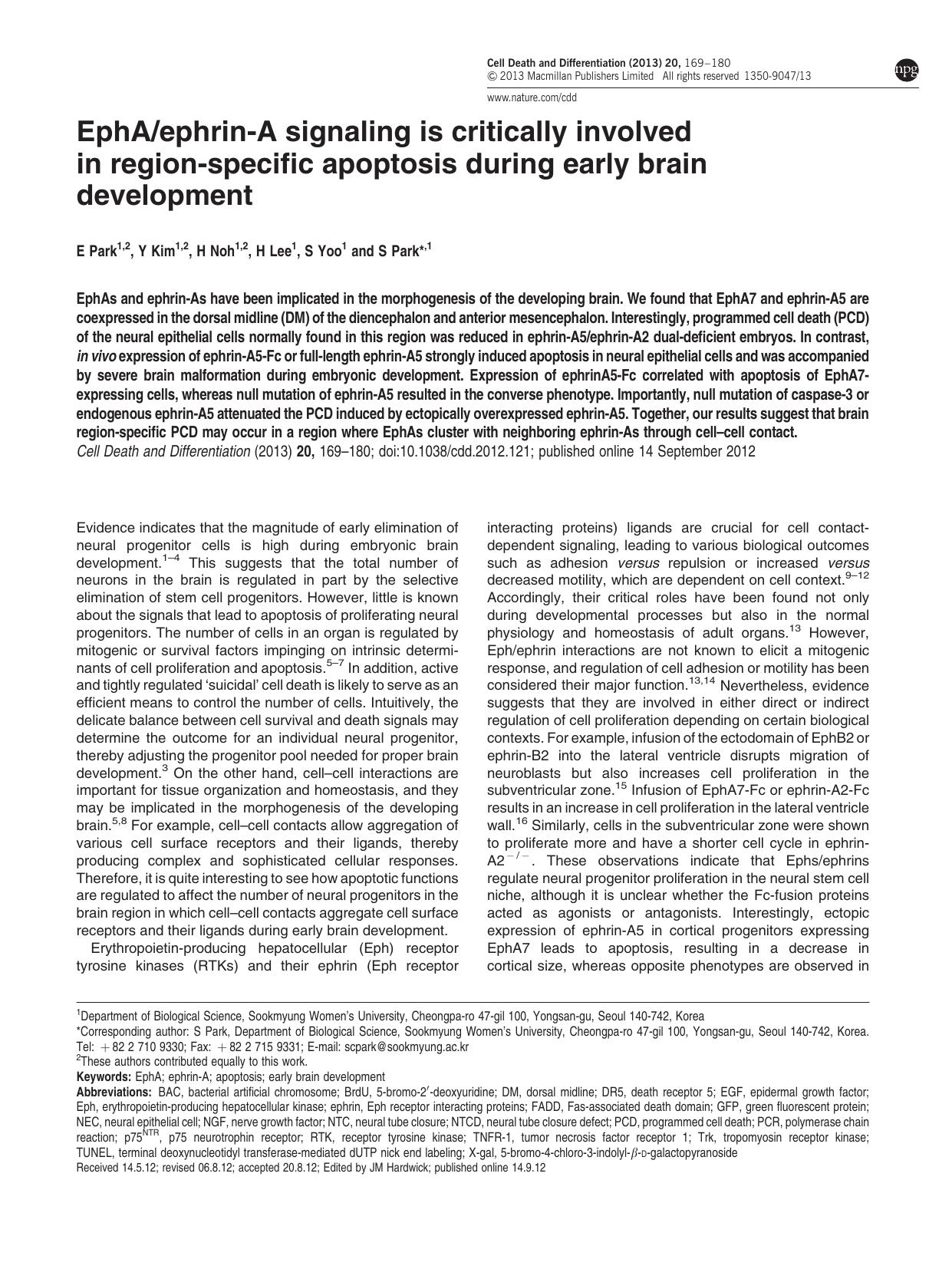 EphA&sol;ephrin-A signaling is critically involved in region-specific apoptosis during early brain development by E Park & Y Kim & H Noh & H Lee & S Yoo & S Park