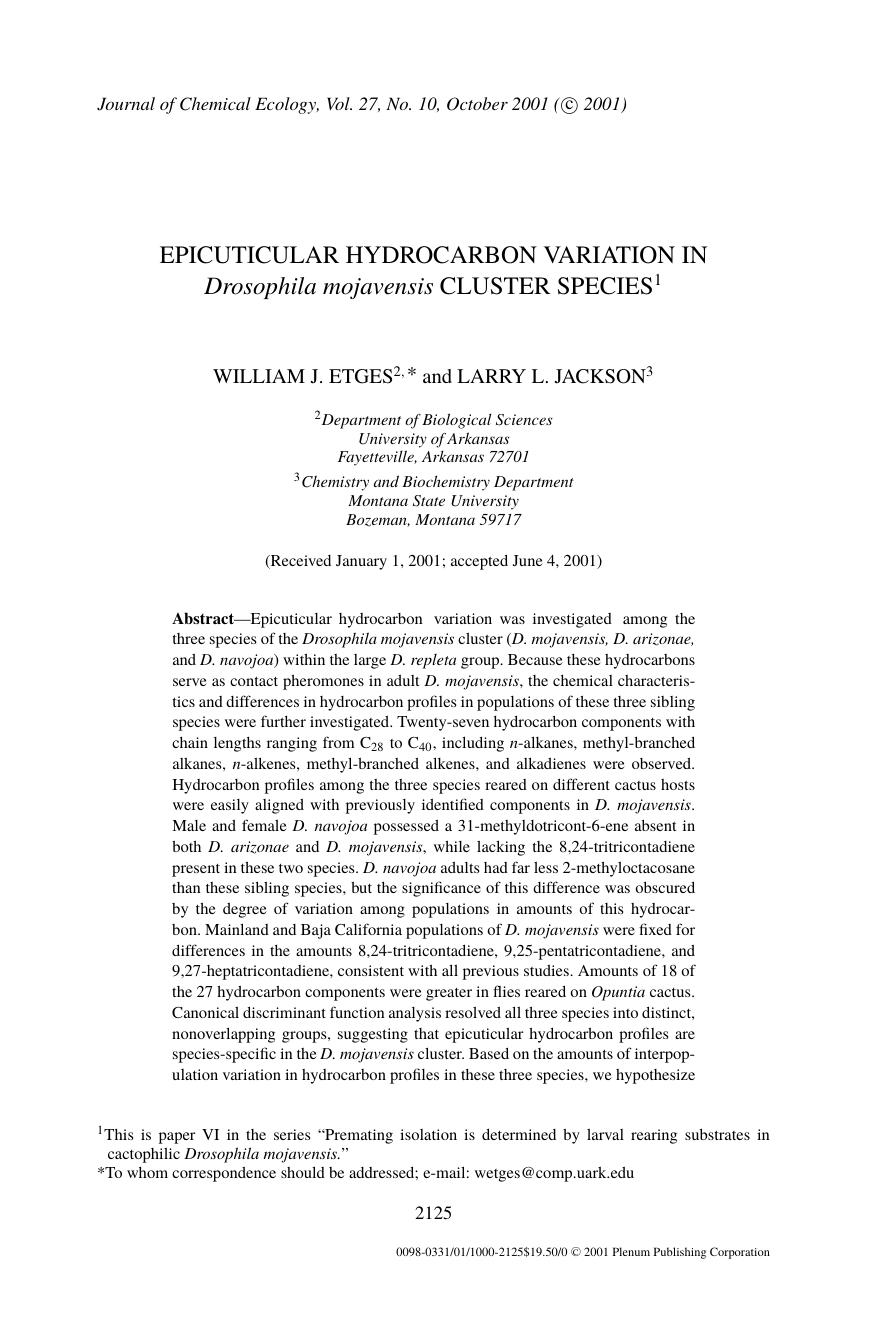 Epicuticular Hydrocarbon Variation in Drosophila mojavensis Cluster Species by Unknown