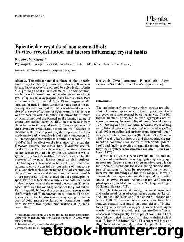 Epicuticular crystals of nonacosan-10-ol: In-vitro reconstitution and factors influencing crystal habits by Unknown