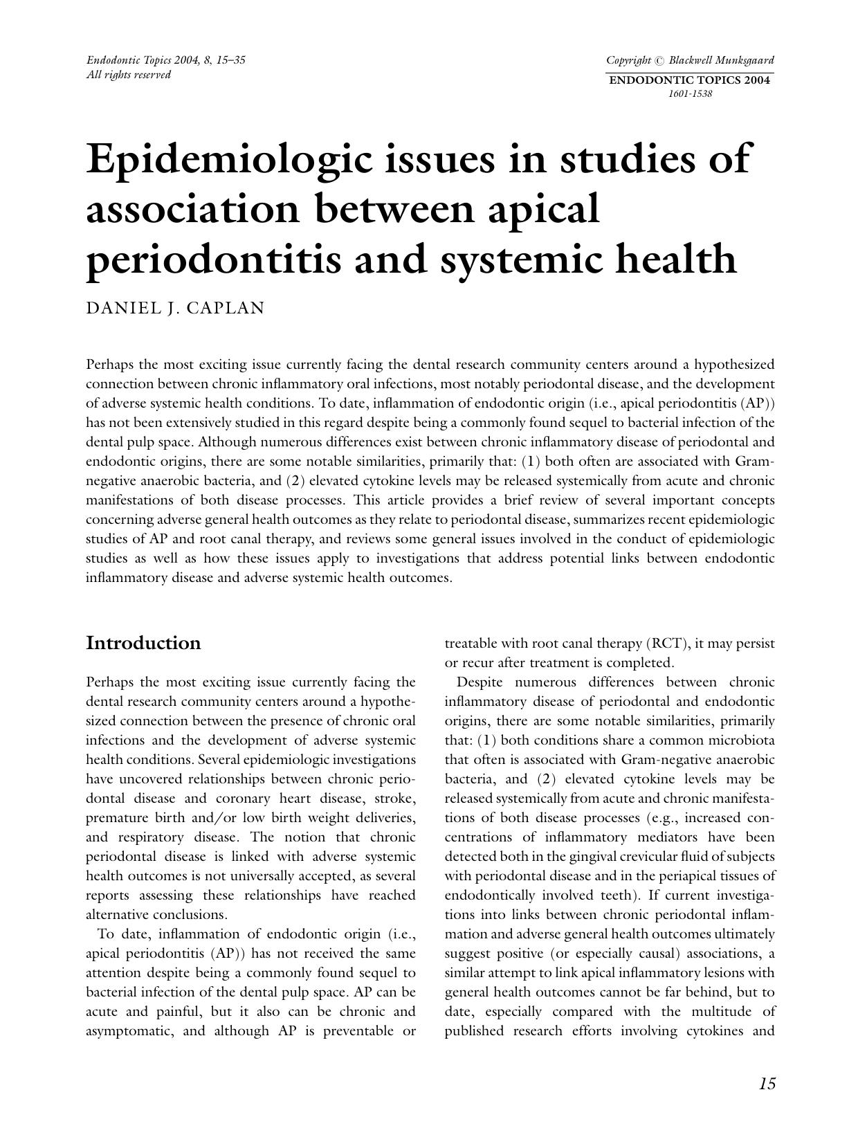 Epidemiologic issues in studies of association between apical periodontitis and systemic health by Unknown
