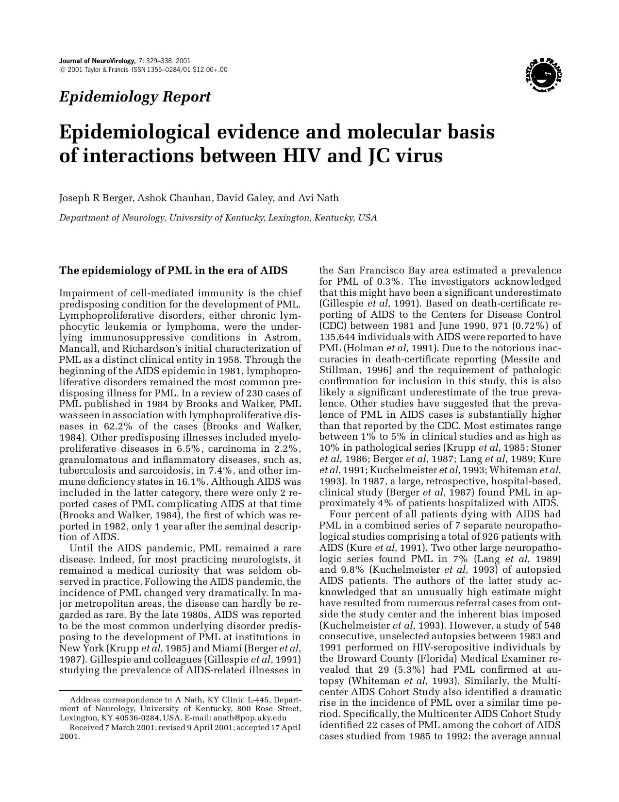 Epidemiological evidence and molecular basis of interactions between HIV and JC virus by Unknown