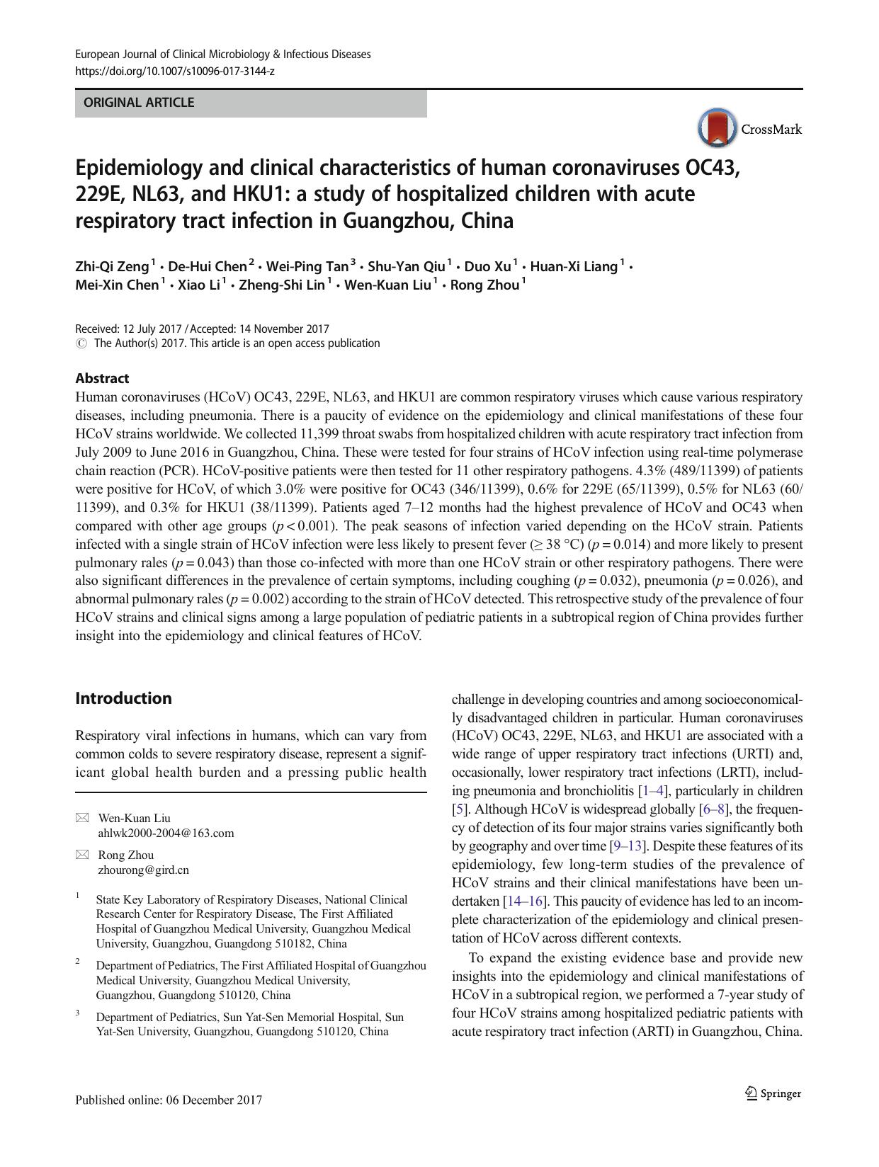 Epidemiology and clinical characteristics of human coronaviruses OC43, 229E, NL63, and HKU1: a study of hospitalized children with acute respiratory tract infection in Guangzhou, China by unknow