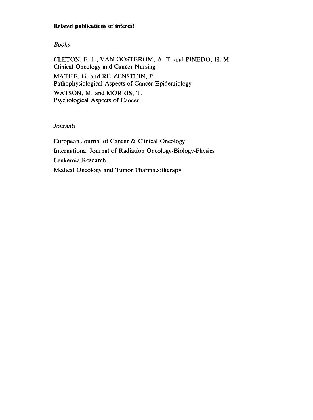 Epidemiology of Leukaemia and Lymphoma. Report of the Leukaemia Research Fund International Workshop, Oxford, UK, September 1984 by M. F. Greaves and L. C. Chan (Eds.)