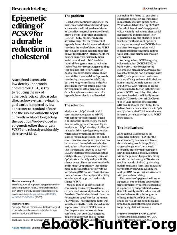 Epigenetic editing of PCSK9 for a durable reduction in cholesterol by Unknown