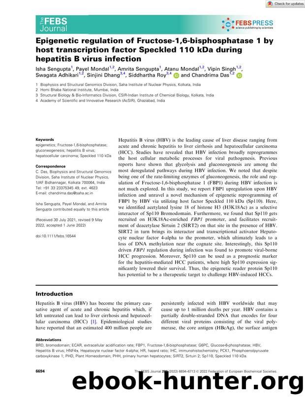Epigenetic regulation of Fructoseâ1,6âbisphosphatase 1 by host transcription factor Speckled 110âkDa during hepatitis B virus infection by Unknown