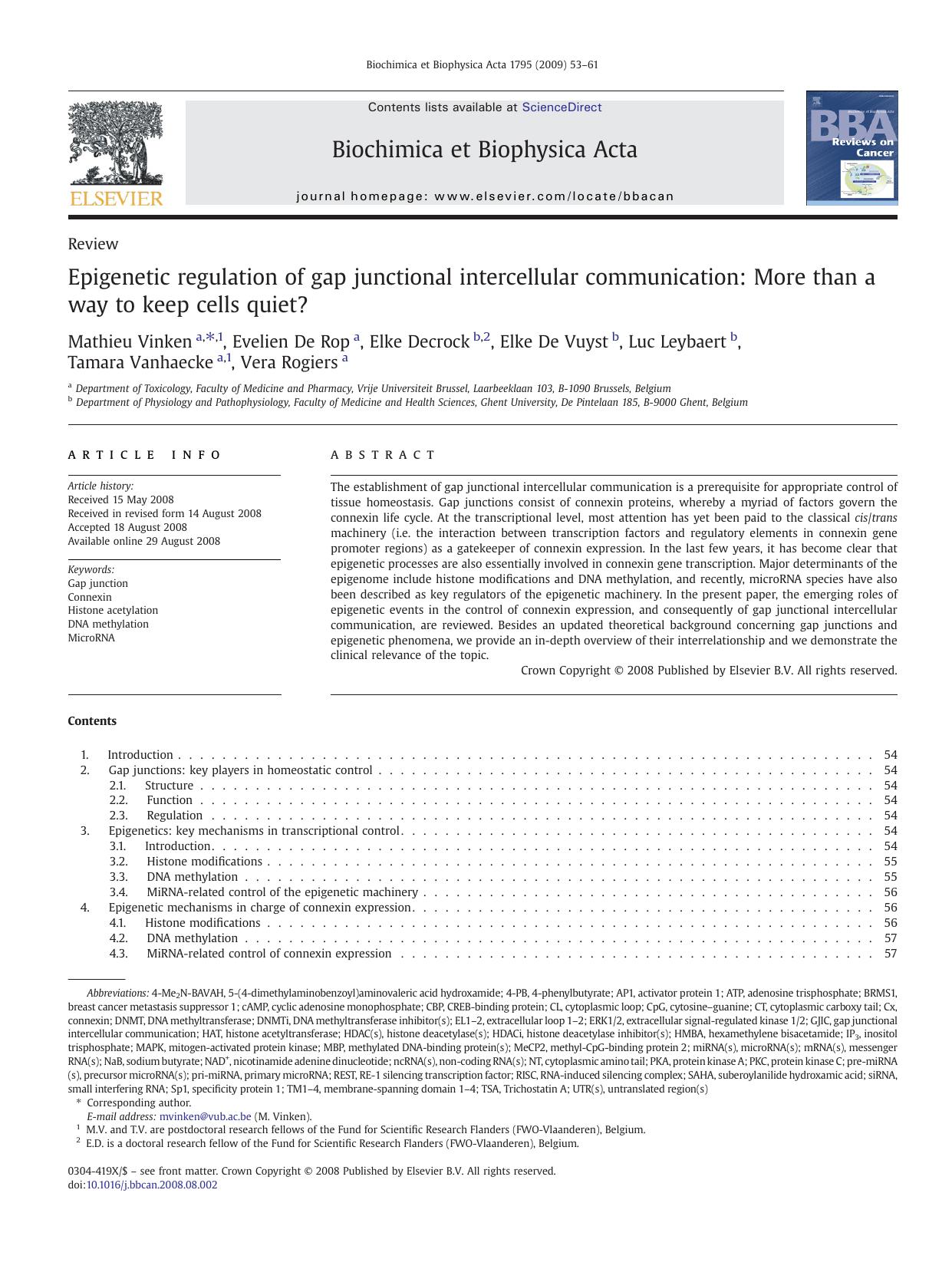 Epigenetic regulation of gap junctional intercellular communication: More than a way to keep cells quiet? by unknow