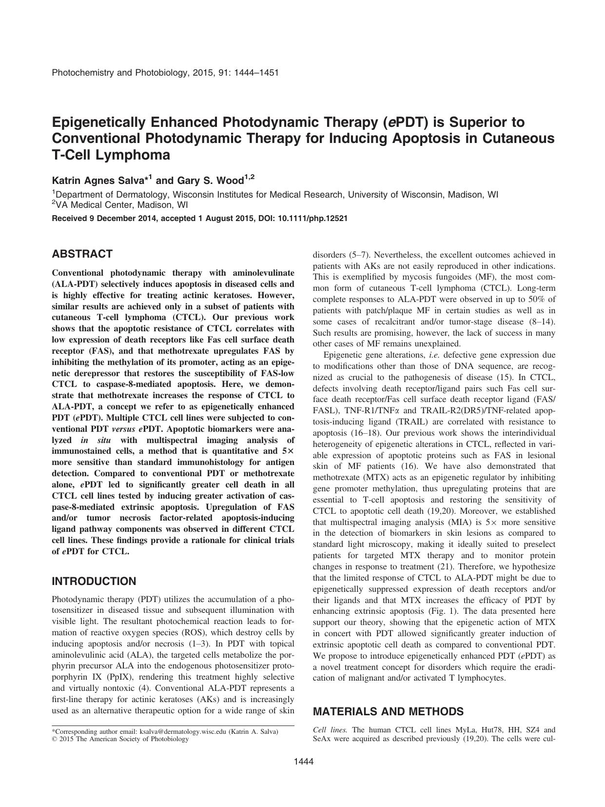 Epigenetically Enhanced Photodynamic Therapy (ePDT) is Superior to Conventional Photodynamic Therapy for Inducing Apoptosis in Cutaneous T&#x2010;Cell Lymphoma by Unknown