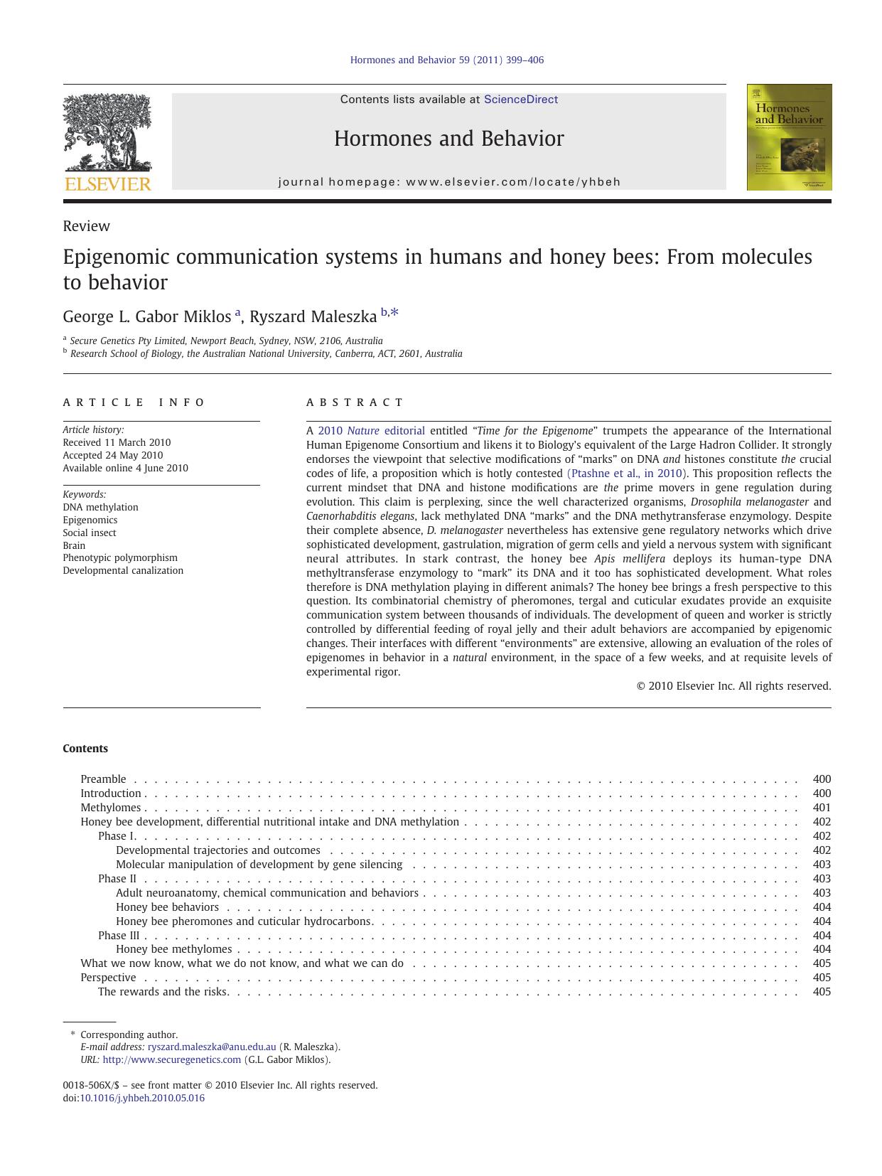 Epigenomic communication systems in humans and honey bees: From molecules to behavior by George L. Gabor Miklos & Ryszard Maleszka