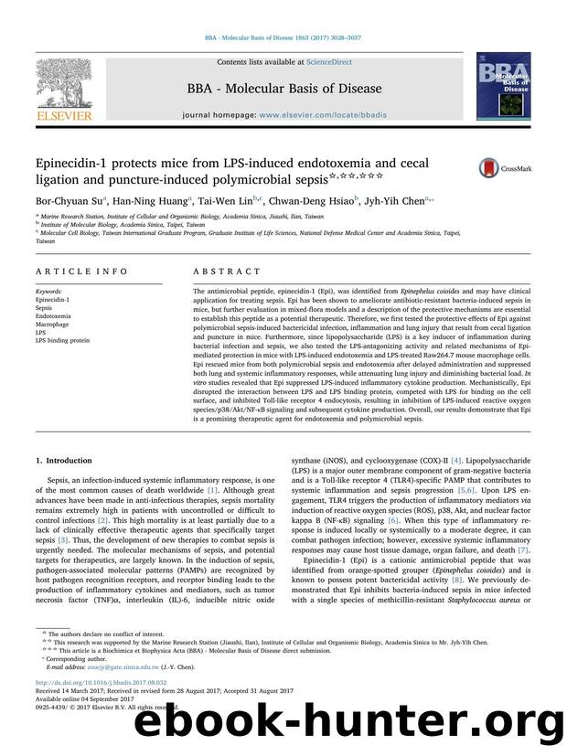Epinecidin-1 protects mice from LPS-induced endotoxemia and cecal ligation and puncture-induced polymicrobial sepsis by Bor-Chyuan Su & Han-Ning Huang & Tai-Wen Lin & Chwan-Deng Hsiao & Jyh-Yih Chen