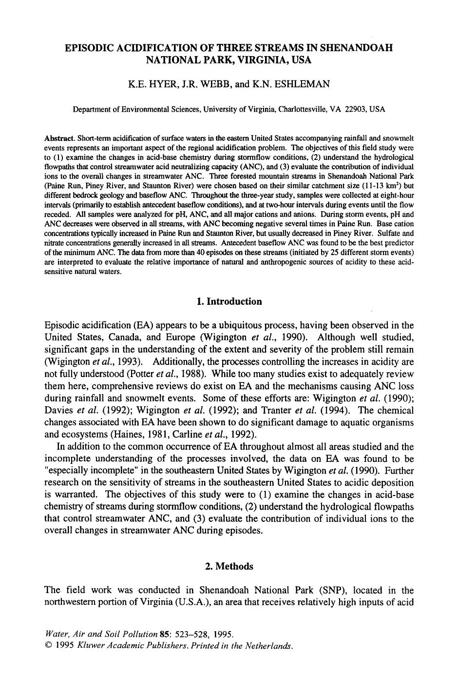 Episodic acidification of three streams in Shenandoah National Park, Virginia, USA by Unknown