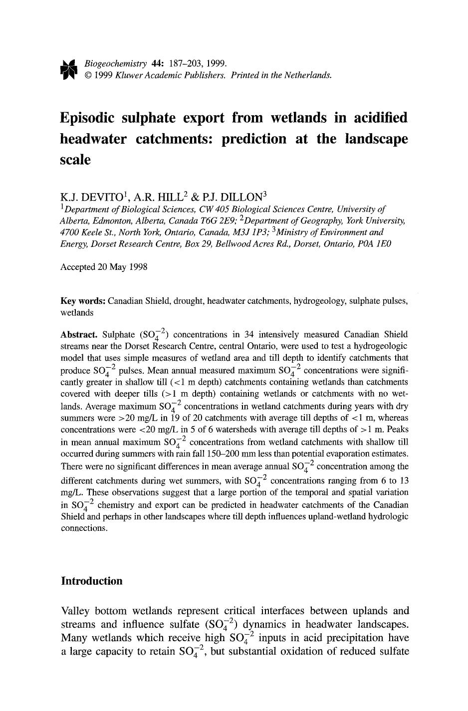 Episodic sulphate export from wetlands in acidified headwater catchments: Prediction at the landscape scale by Unknown