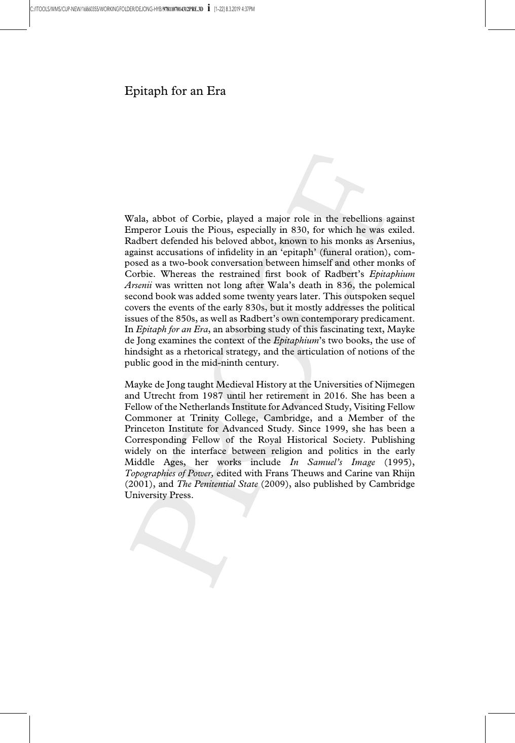 Epitaph for an Era. Politics and Rhetoric in the Carolingian World by Mayke de Jong