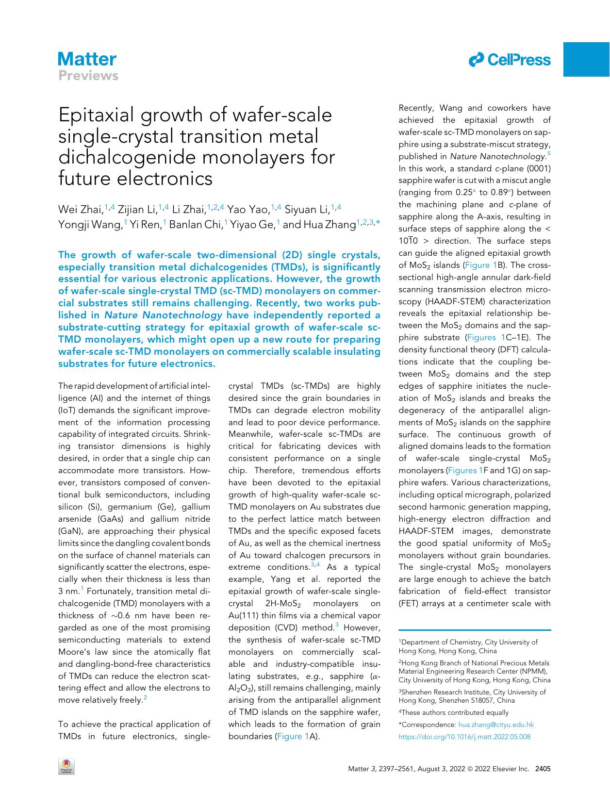Epitaxial Growth of Wafer-scale Single-crystal Transition Metal Dichalcogenide Monolayers for Future Electronics by unknow