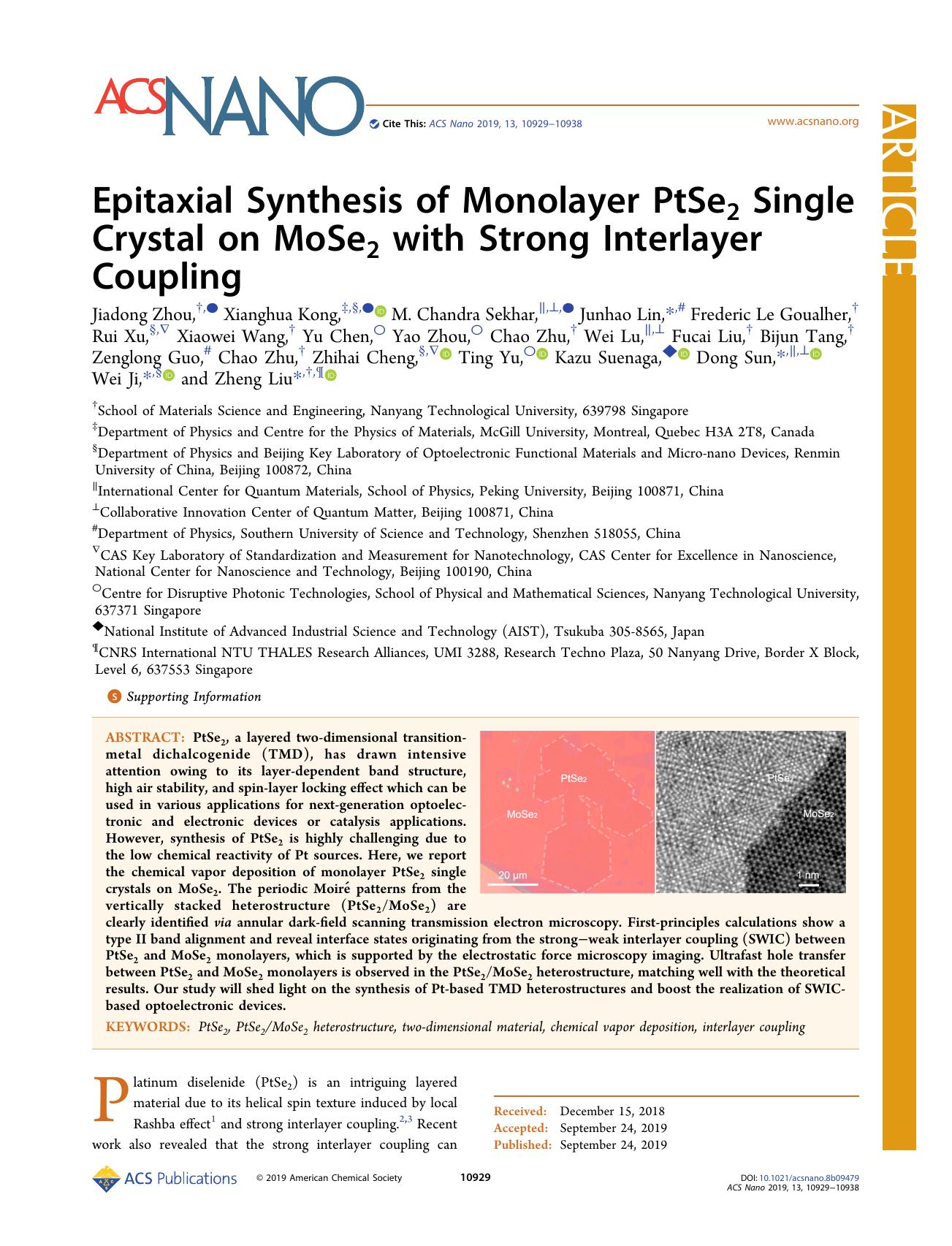 Epitaxial Synthesis of Monolayer PtSe2 Single Crystal on MoSe2 with Strong Interlayer Coupling by unknow
