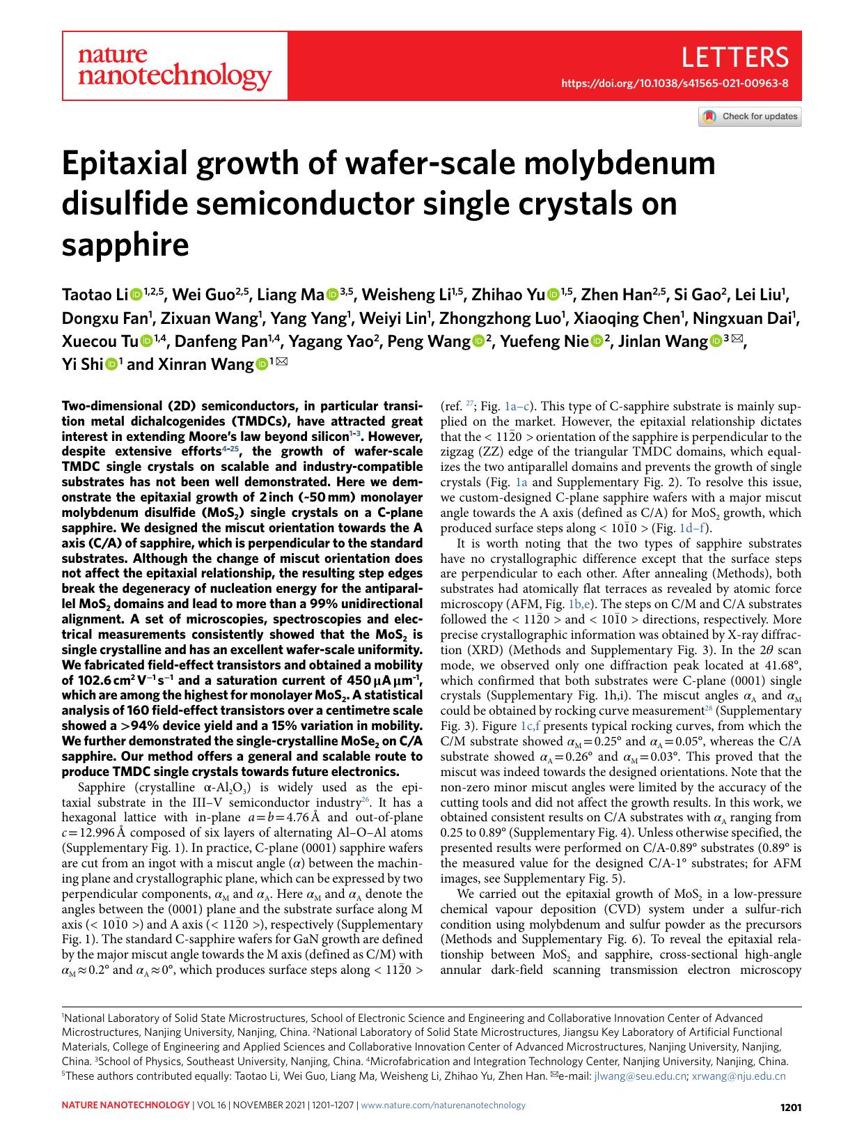 Epitaxial growth of wafer-scale molybdenum disulfide semiconductor single crystals on sapphire by unknow