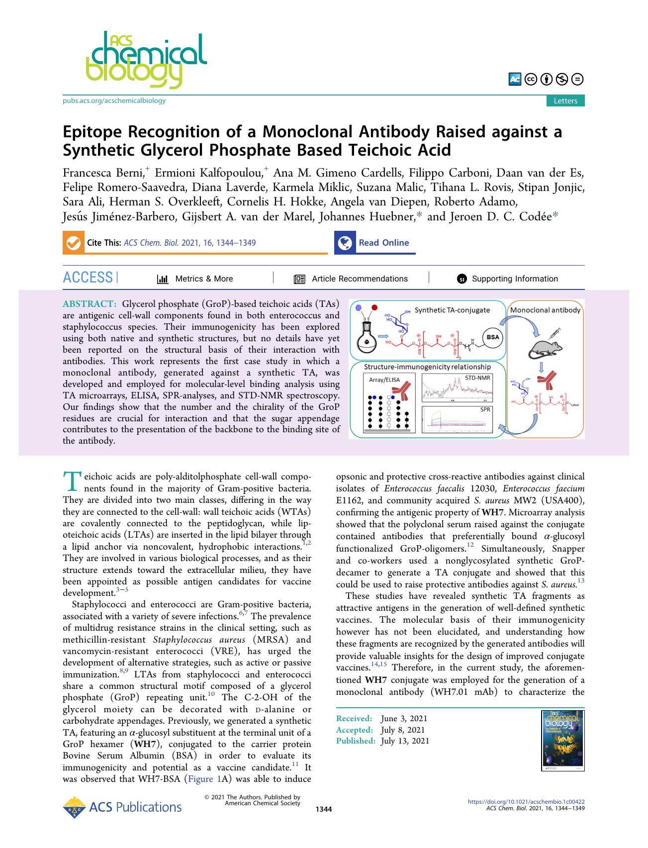 Epitope Recognition of a Monoclonal Antibody Raised against a Synthetic Glycerol Phosphate Based Teichoic Acid by unknow
