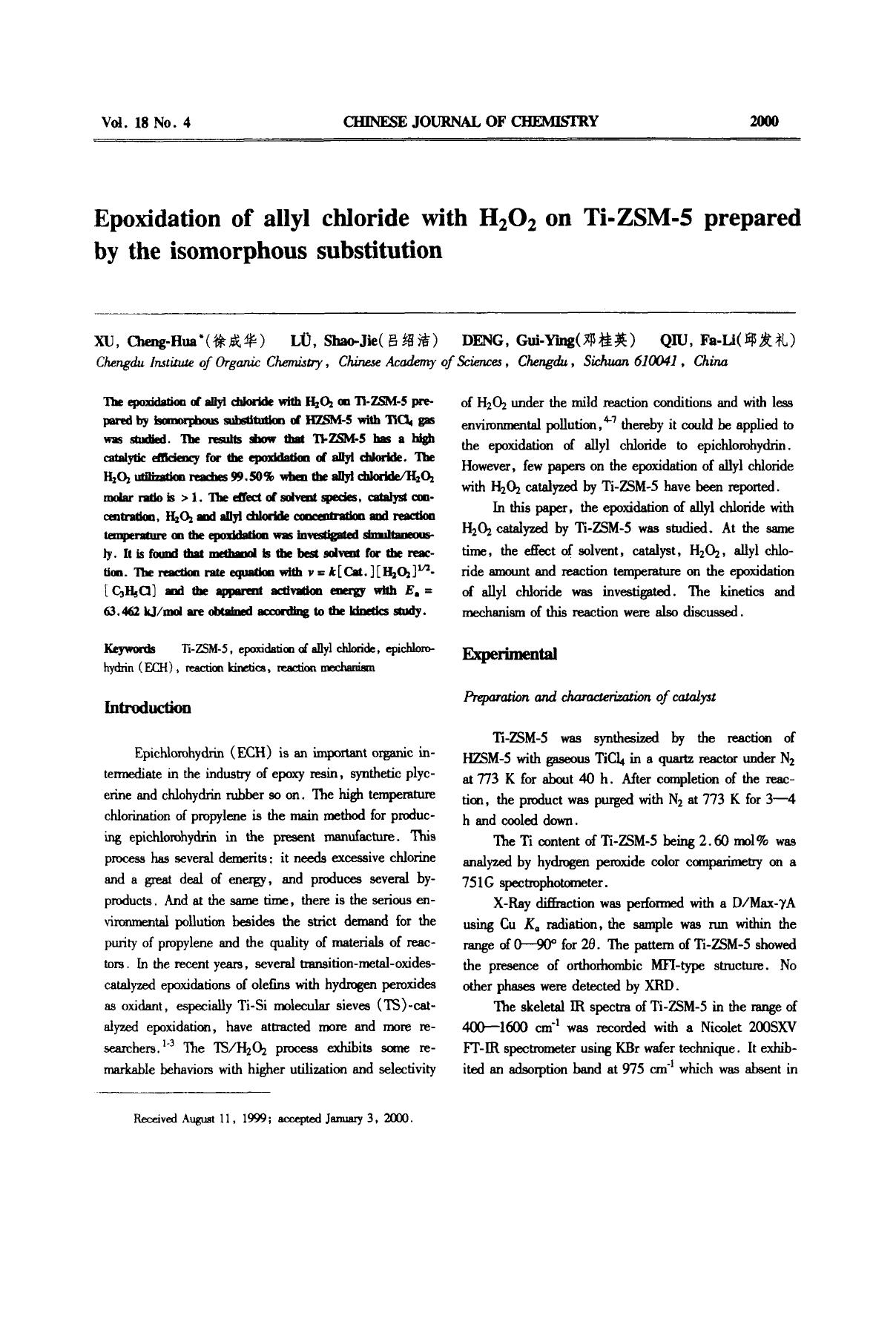 Epoxidation of allyl chloride with H2O2 on TiZSM5 prepared by the isomorphous substitution by Unknown