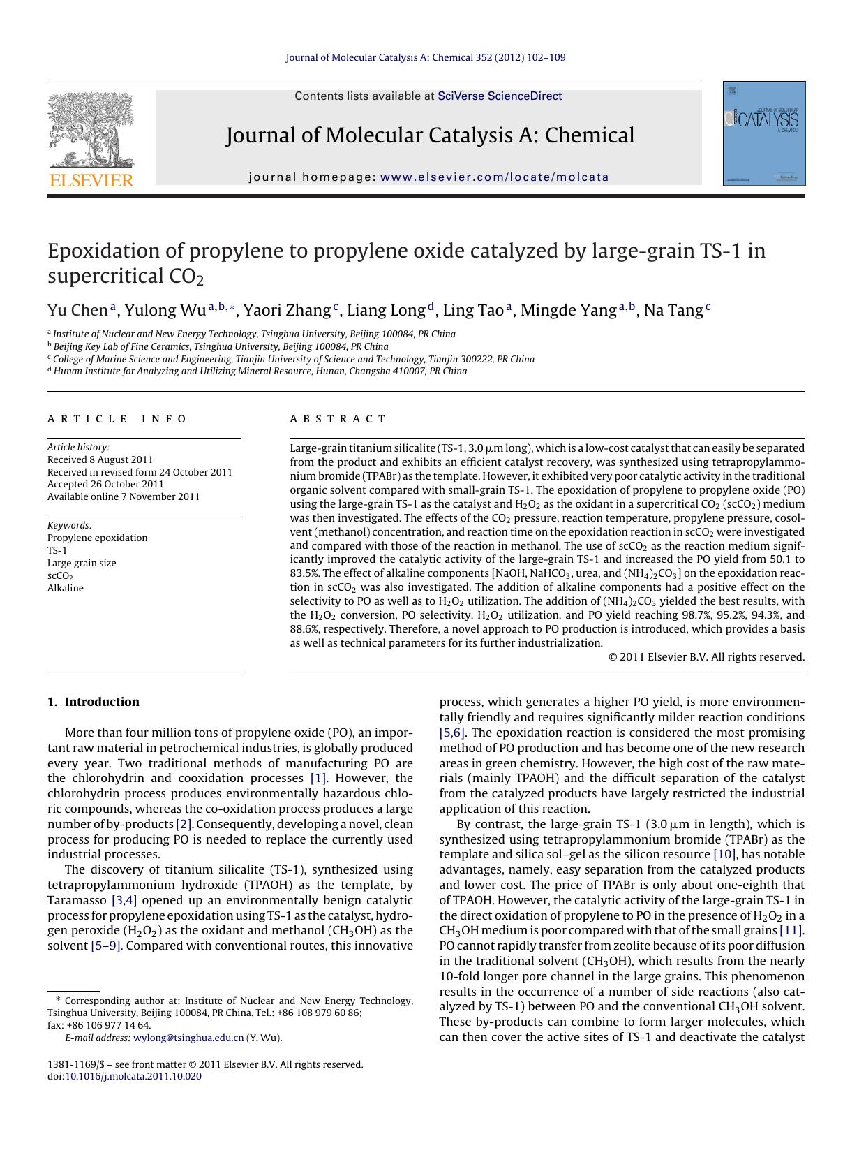 Epoxidation of propylene to propylene oxide catalyzed by large-grain TS-1 in supercritical CO2 by Yu Chen