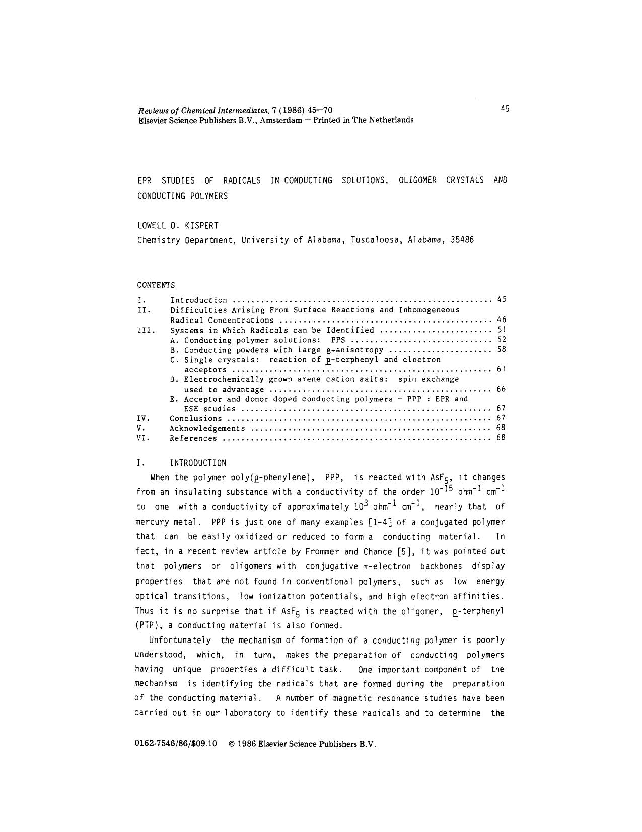 Epr studies of radicals in conducting solutions, oligomer crystals and conducting polymers by Unknown