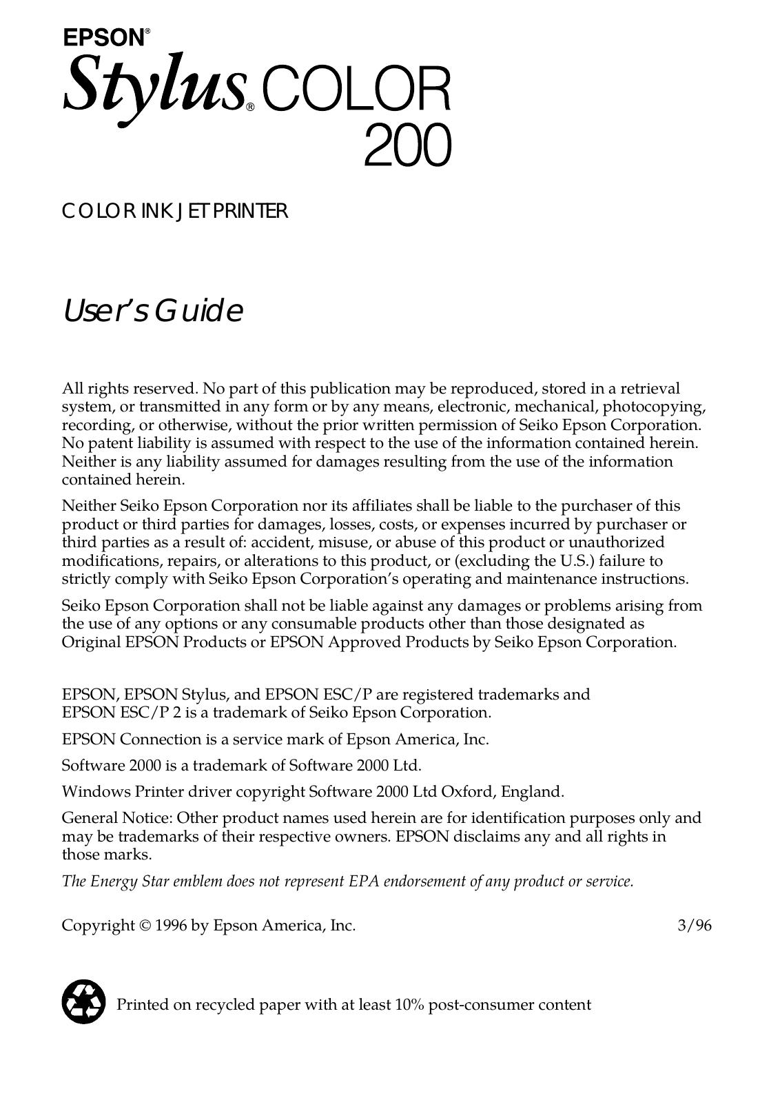 Epson Stylus 200 User's Guide by Unknown