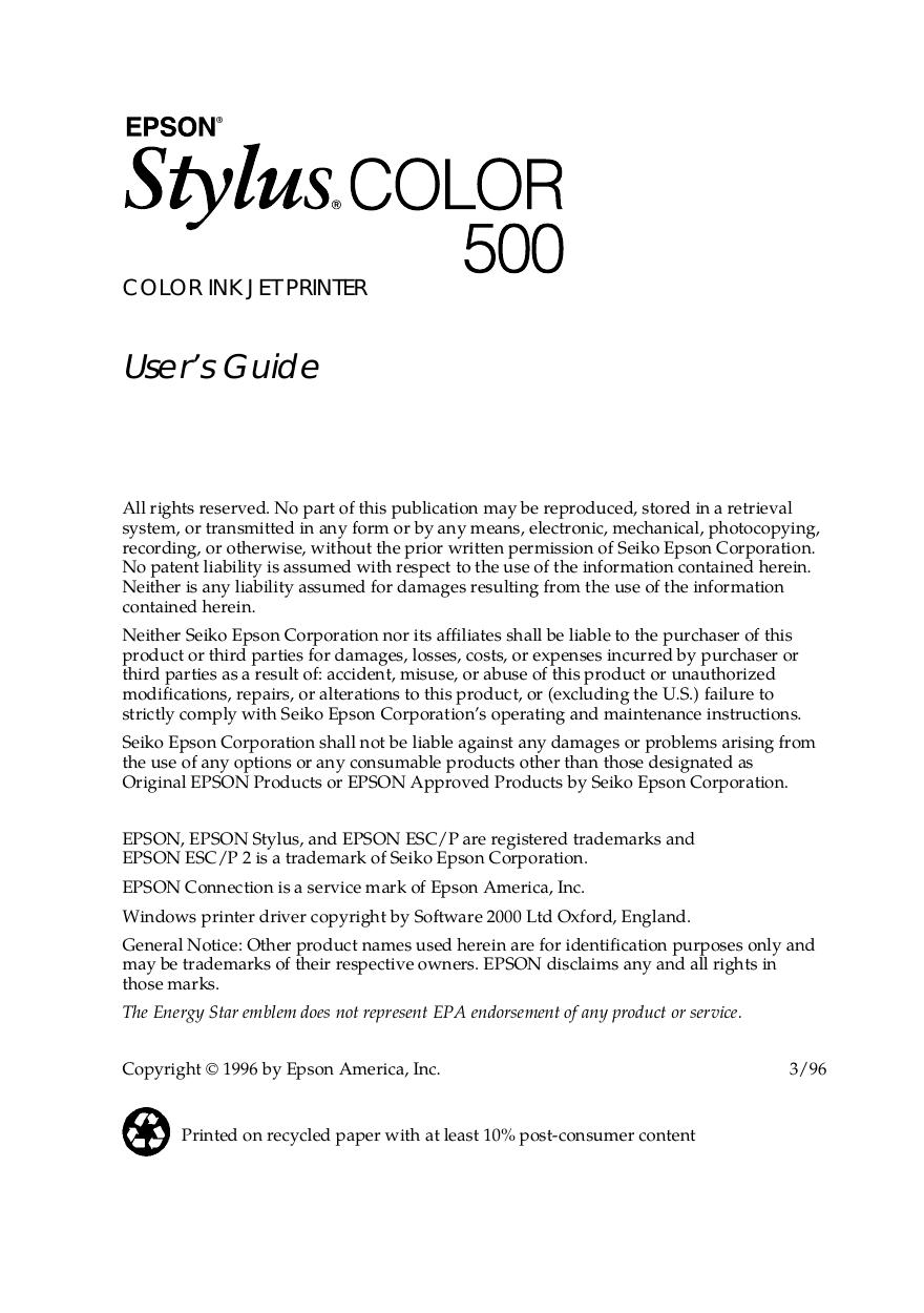 Epson Stylus 500 User's Guide by Unknown