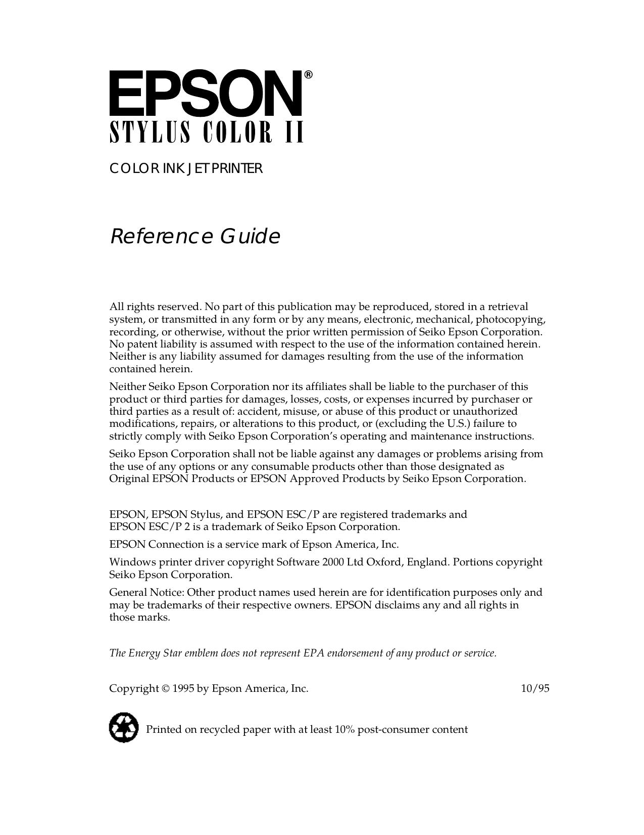 Epson Stylus Color II Reference Guide by Unknown