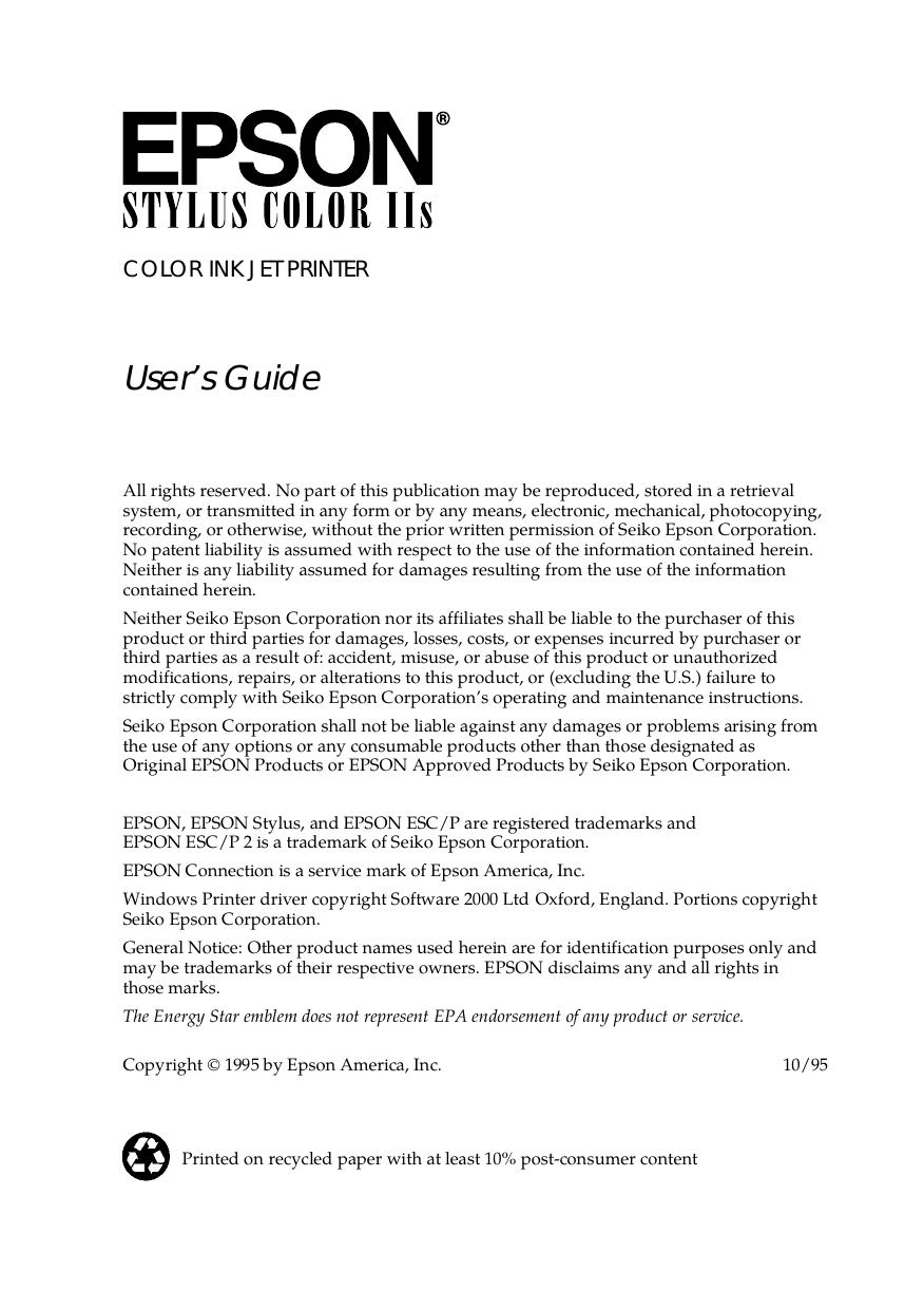 Epson Stylus Color IIs User's Guide by Unknown