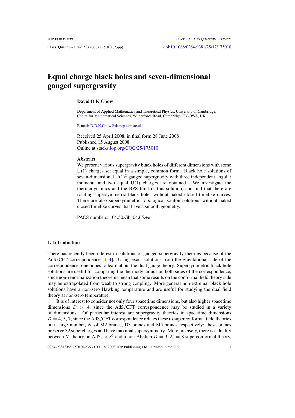 Equal charge black holes and seven-dimensional gauged supergravity by D D K Chow