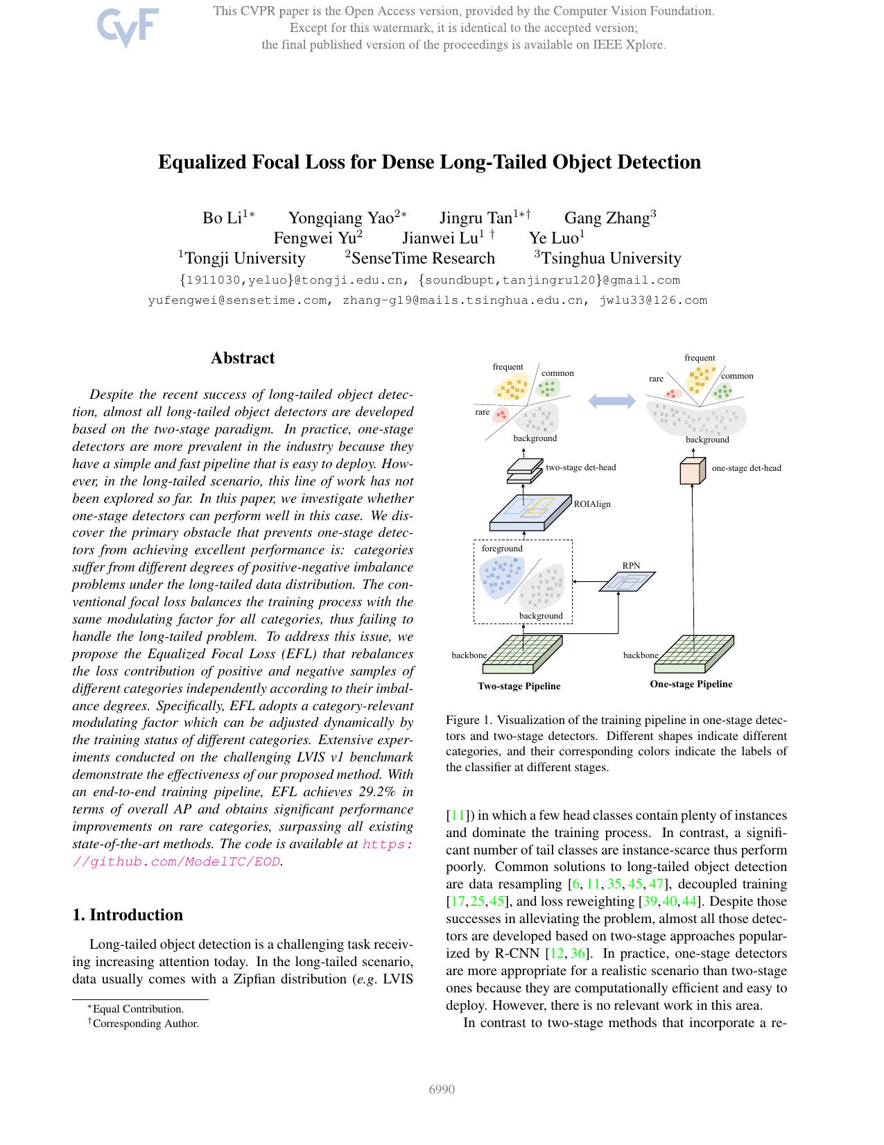 Equalized Focal Loss for Dense Long-Tailed Object Detection by Bo Li & Yongqiang Yao & Jingru Tan & Gang Zhang & Fengwei Yu & Jianwei Lu & Ye Luo