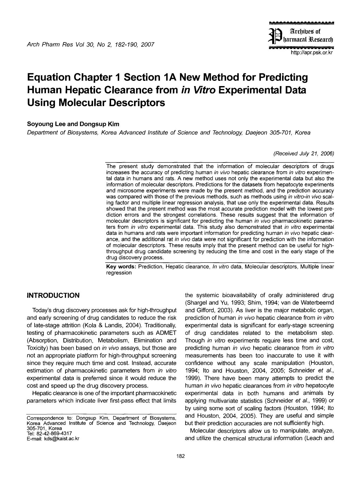 Equation chapter 1 section 1A new method for predicting human hepatic clearance from <Emphasis Type="Italic">in Vitro <Emphasis> experimental data using molecular descriptors by Unknown