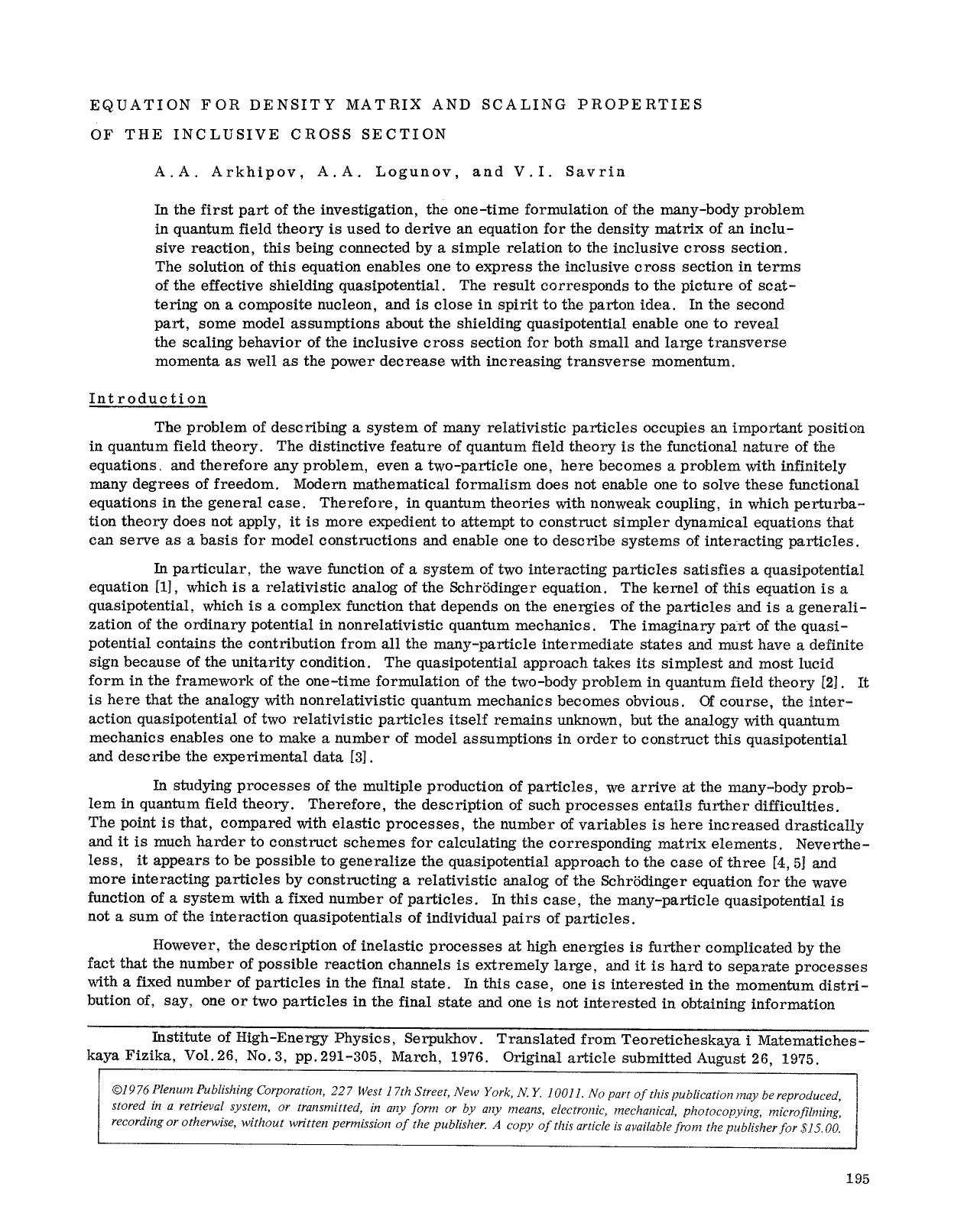 Equation for density matrix and scaling properties of the inclusive cross section by Unknown