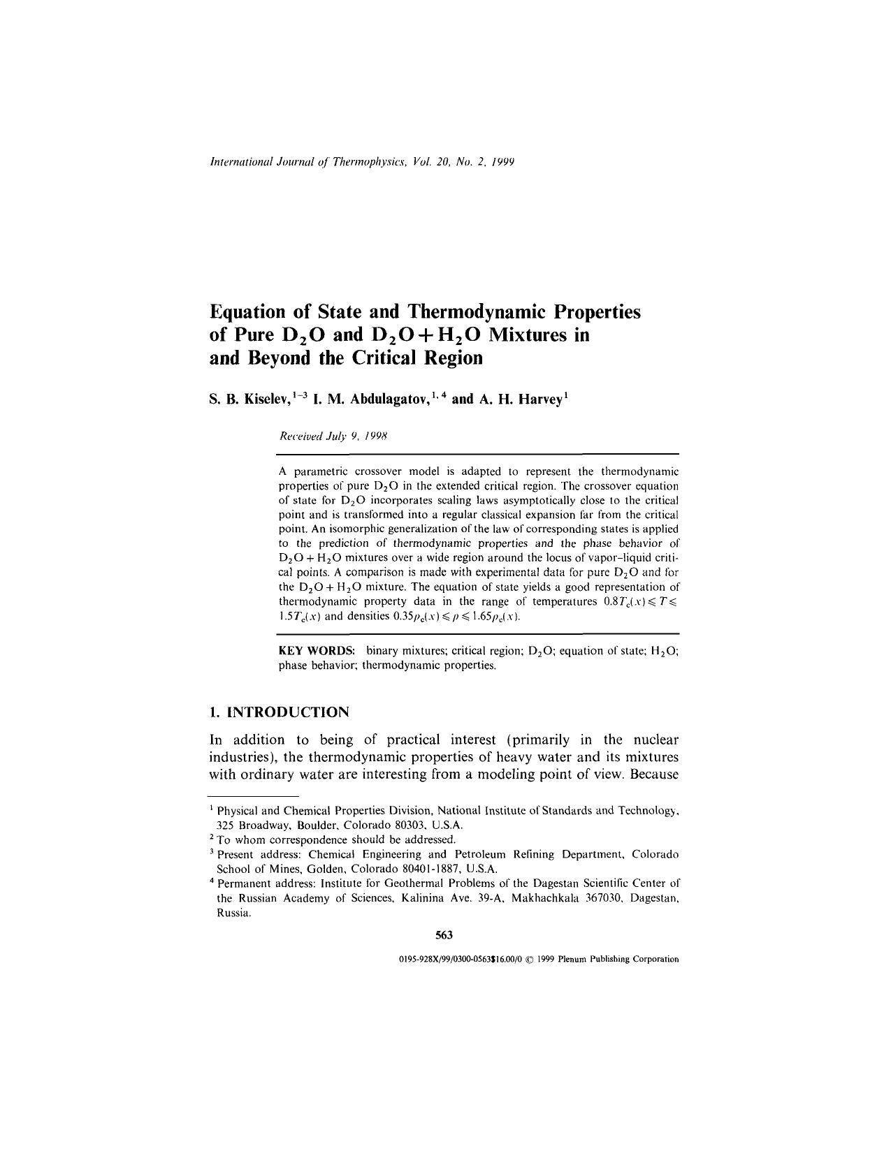 Equation of State and Thermodynamic Properties of Pure D<Subscript>2<Subscript>O and D<Subscript>2<Subscript>O + H<Subscript>2<Subscript>O Mixtures in and Beyond the Critical Region by Unknown
