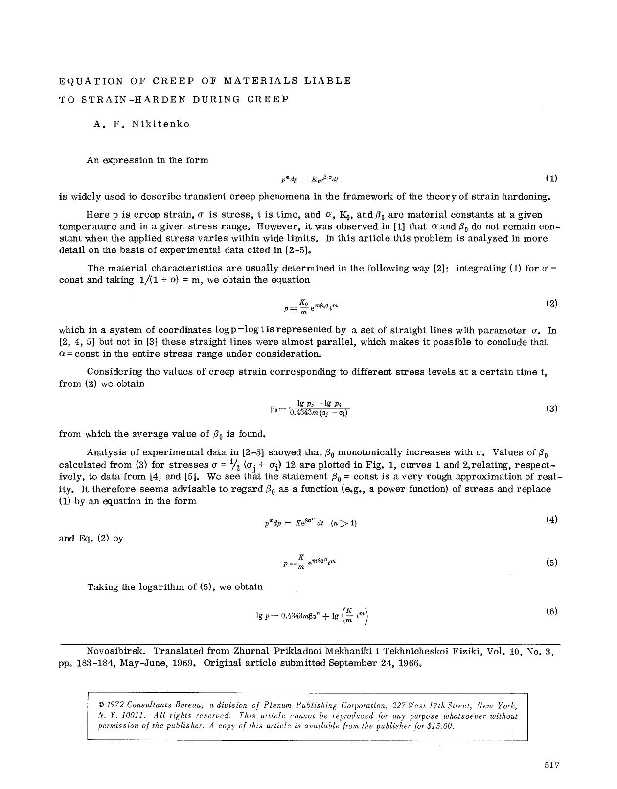 Equation of creep of materials liable to strain-harden during creep by Unknown