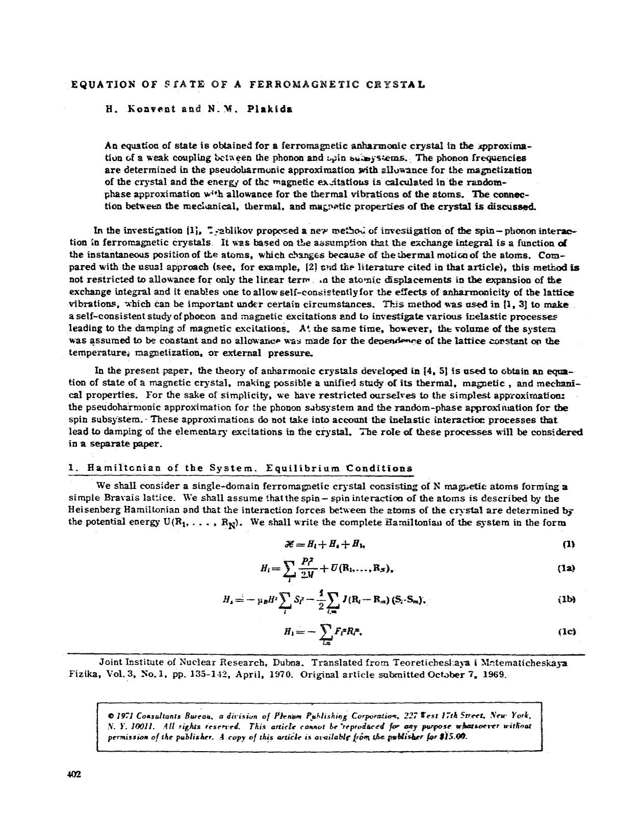 Equation of state of a ferromagnetic crystal by Unknown