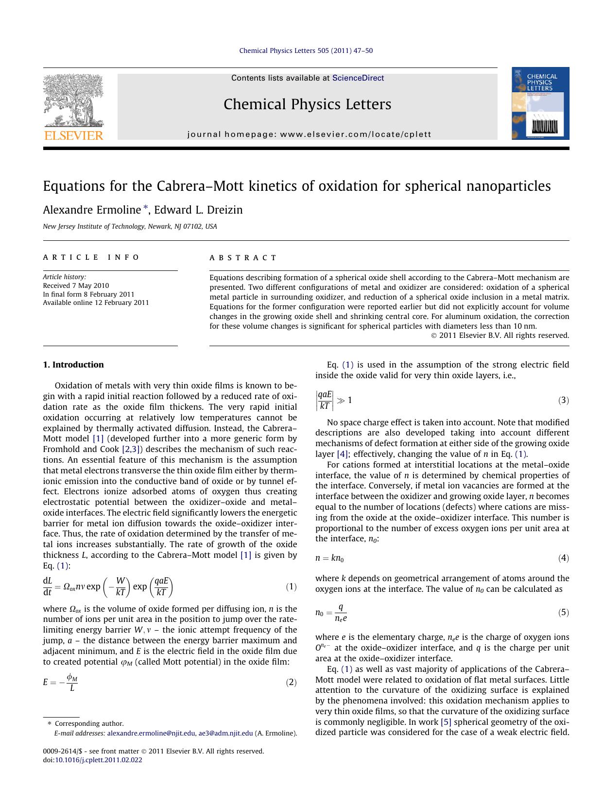 Equations for the CabreraÃ¢â¬âMott kinetics of oxidation for spherical nanoparticles by Alexandre Ermoline & Edward L. Dreizin