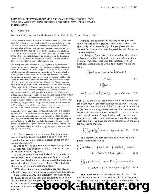 Equations of hydromechanics and compression shock in two-velocity and two-temperature continuum with phase transformations by Unknown
