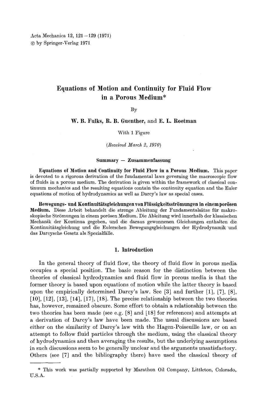 Equations of motion and continuity for fluid flow in a porous medium by Unknown