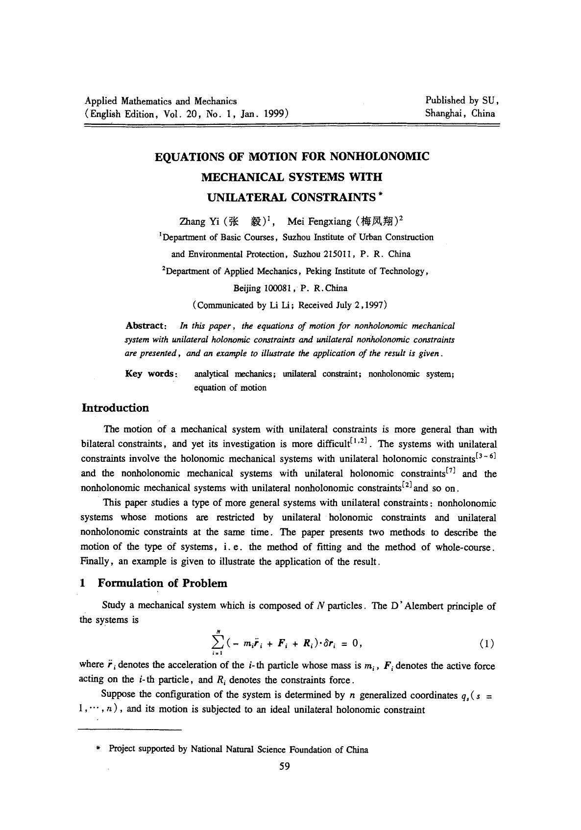 Equations of motion for nonholonomic mechanical systems with unilateral constraints by Unknown