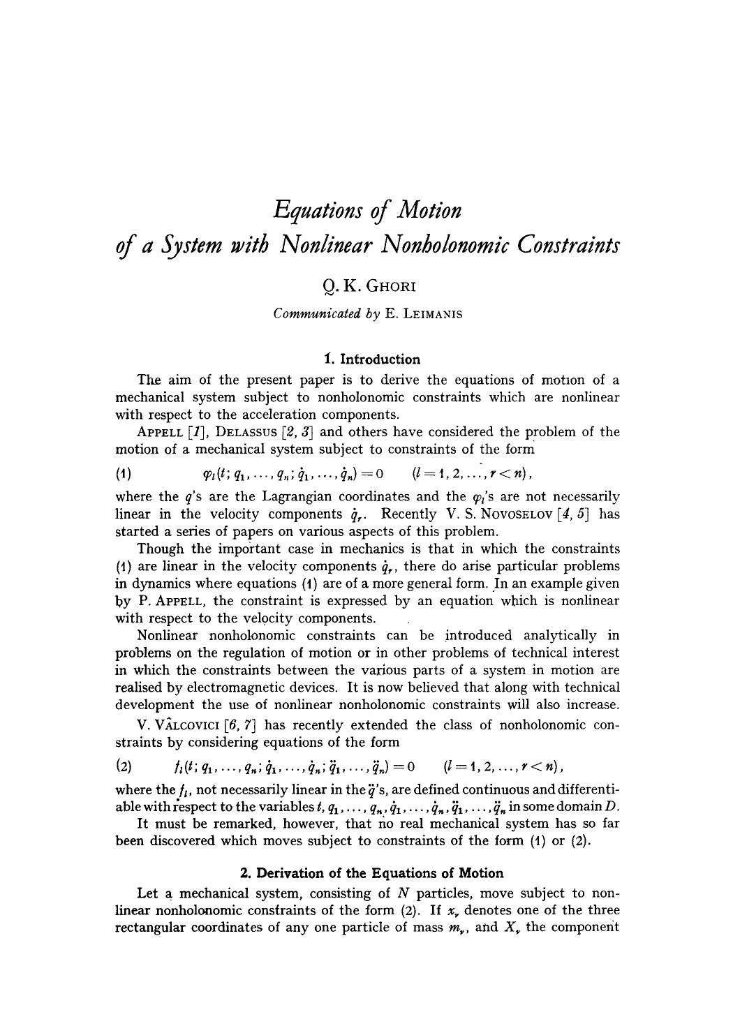 Equations of motion of a system with nonlinear nonholonomic constraints by Unknown
