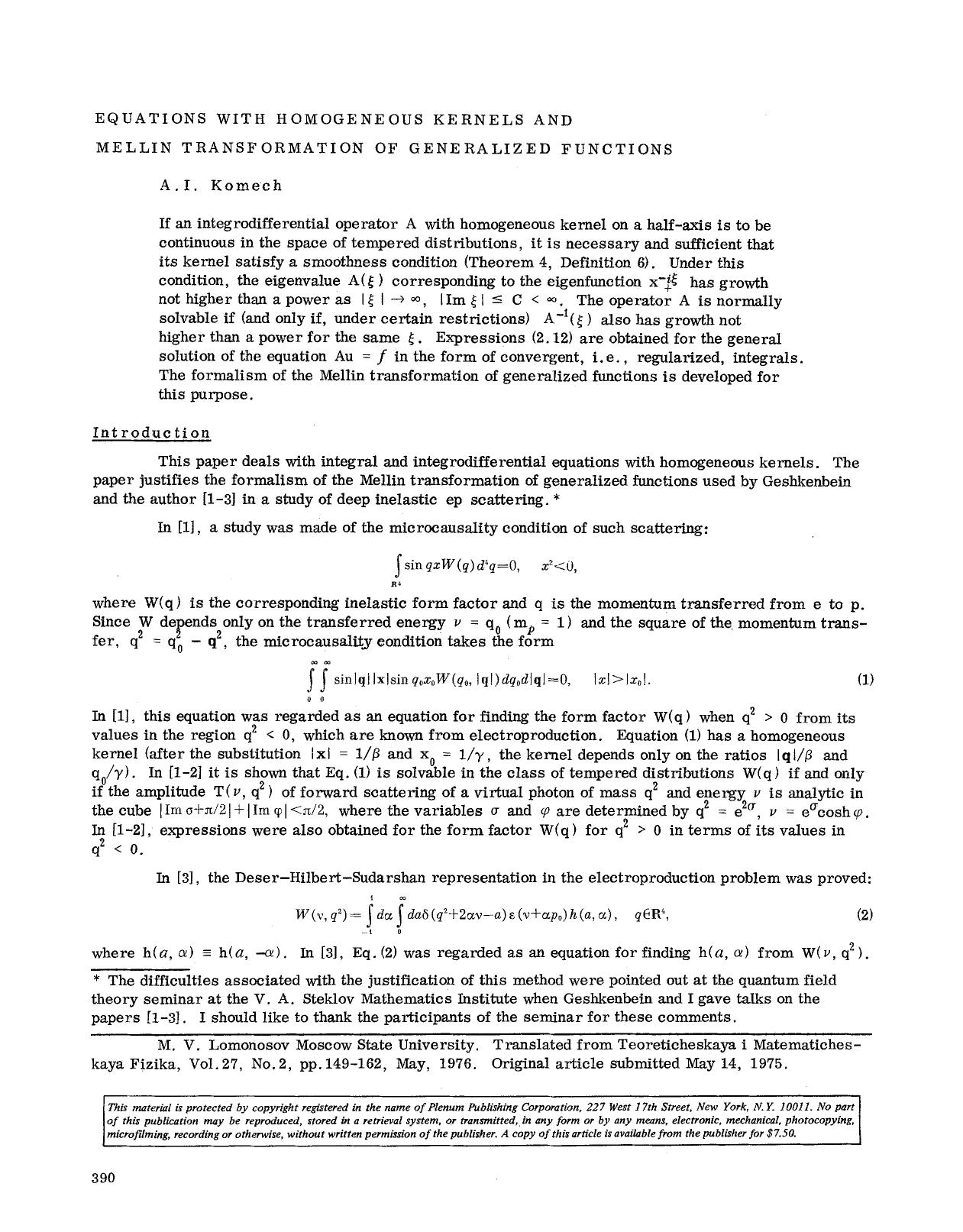 Equations with homogeneous kernels and Mellin transformation of generalized functions by Unknown