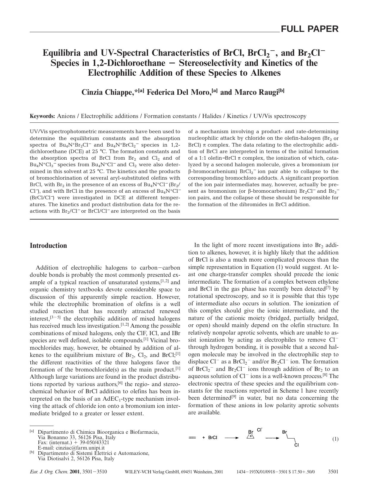 Equilibria and UV-Spectral Characteristics of BrCl, BrCl2-, and Br2Cl- Species in 1,2-Dichloroethane - Stereoselectivity and Kinetics of the Electrophilic Addition of these Species to Alkenes by Unknown