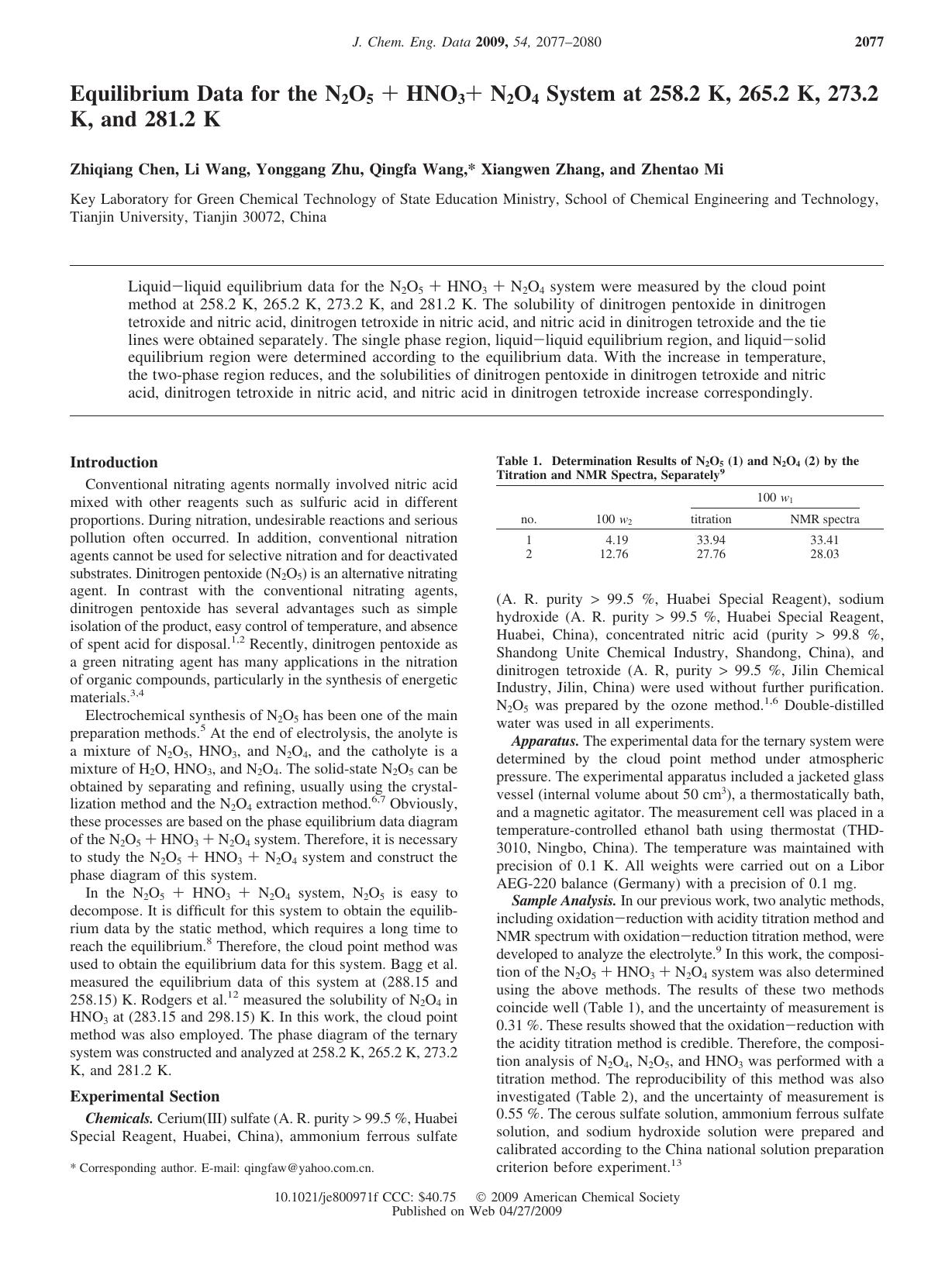 Equilibrium Data for the N2O5 + HNO3+ N2O4 System at 258.2 K, 265.2 K, 273.2 K, and 281.2 K by unknow