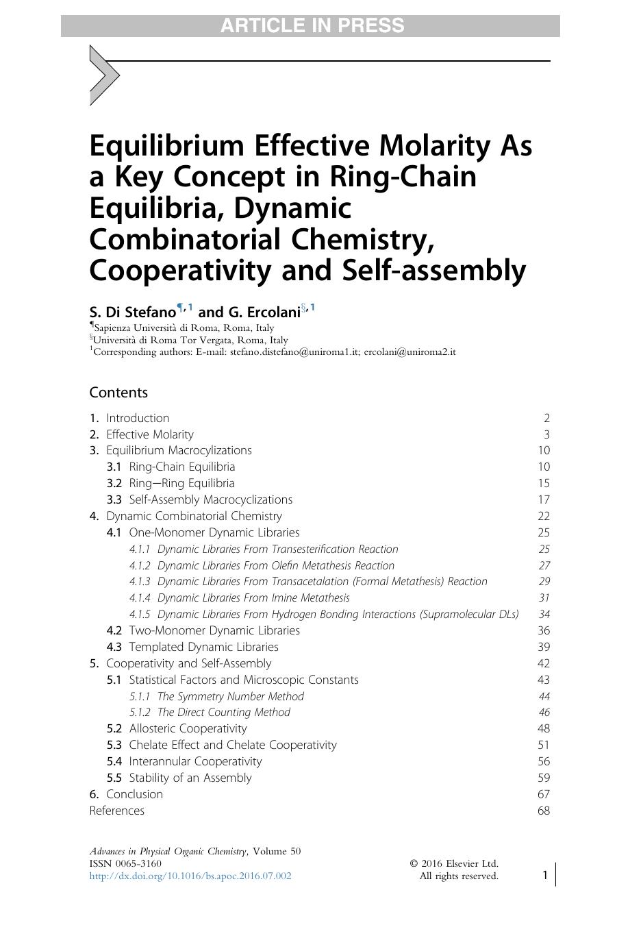 Equilibrium Effective Molarity As a Key Concept in Ring-Chain Equilibria, Dynamic Combinatorial Chemistry, Cooperativity&nbsp;and Self-assembly by S. Di Stefano & G. Ercolani