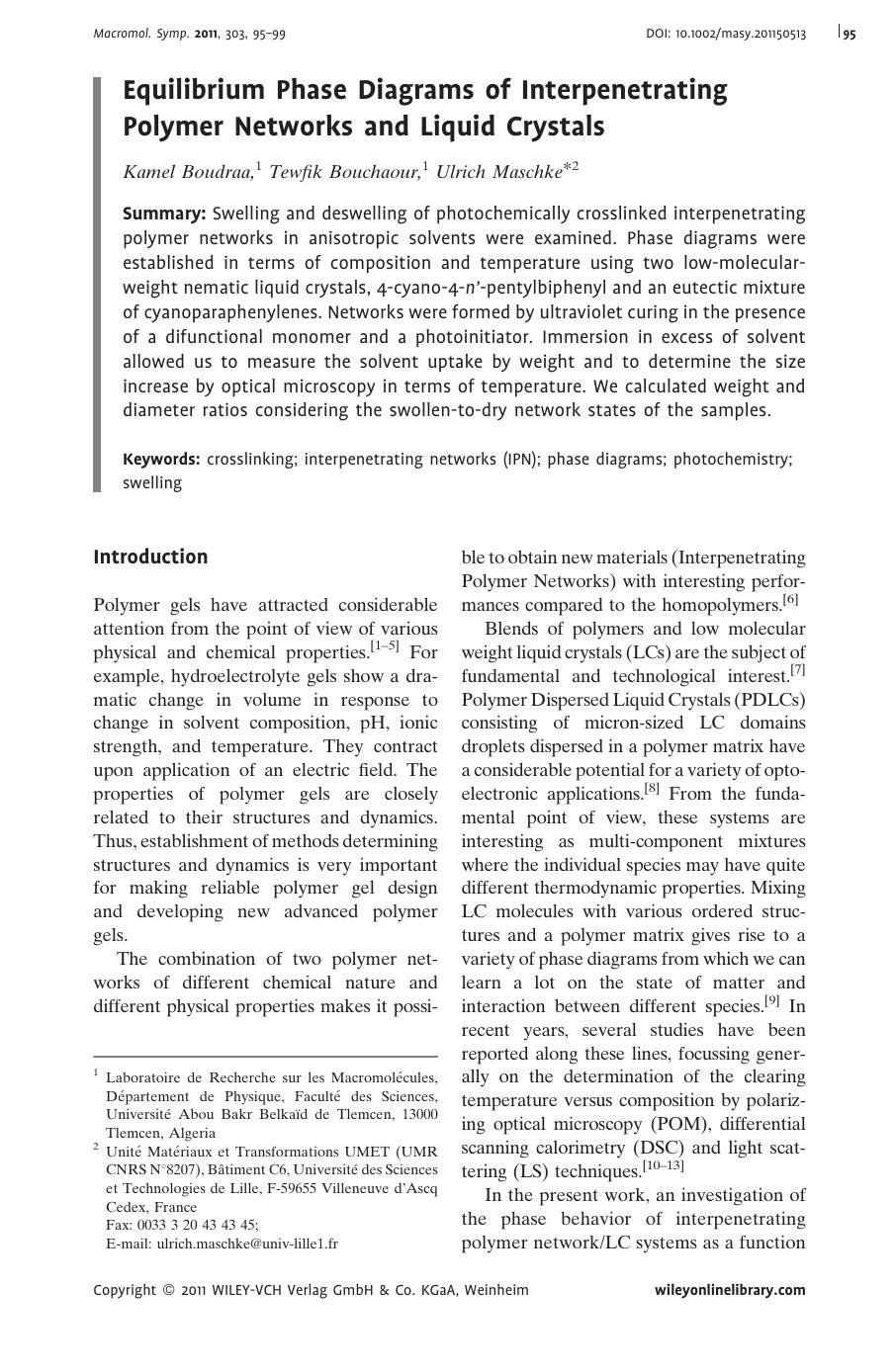 Equilibrium Phase Diagrams of Interpenetrating Polymer Networks and Liquid Crystals by Unknown