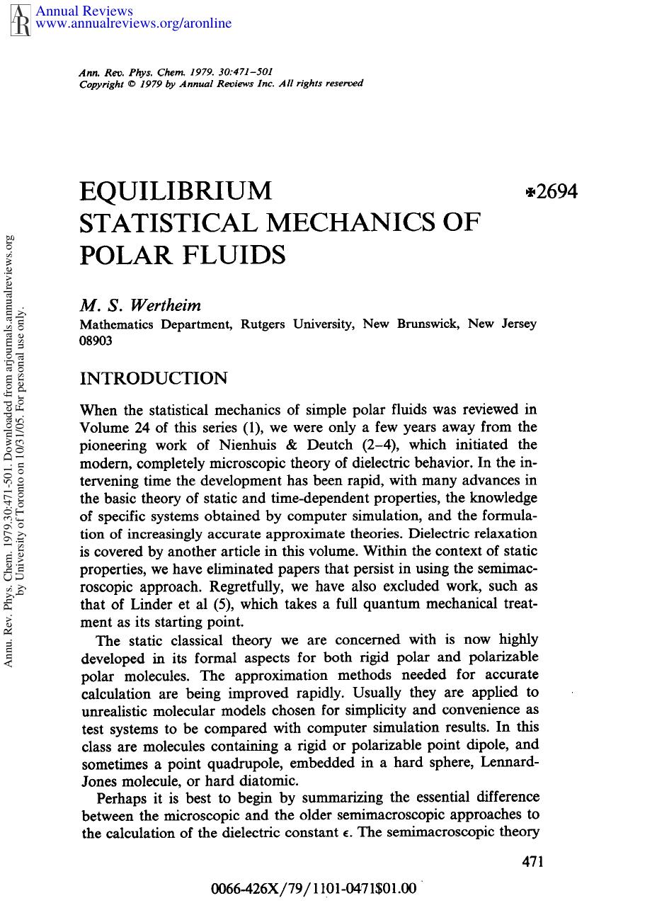 Equilibrium Statistical Mechanics of Polar Fluids by M S Wertheim