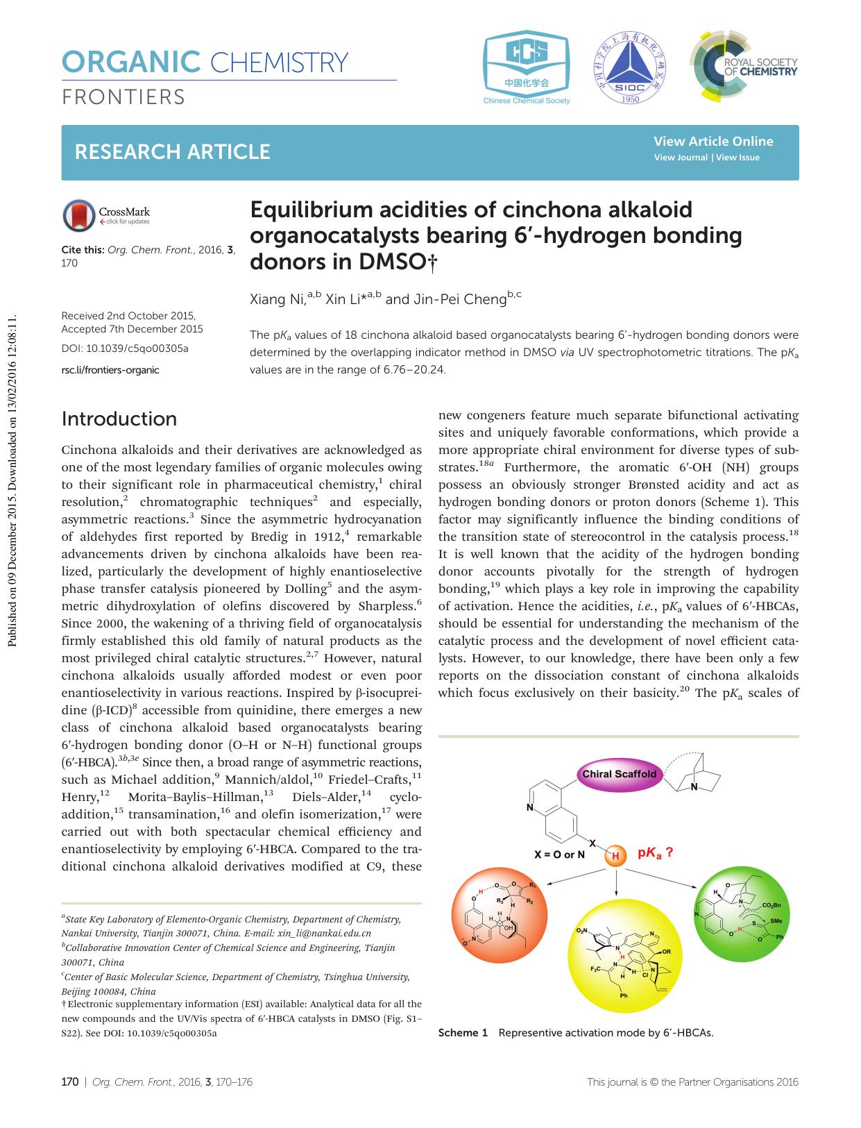 Equilibrium acidities of cinchona alkaloid organocatalysts bearing 6â²-hydrogen bonding donors in DMSO by Xiang Ni Xin Li Jin-Pei Cheng