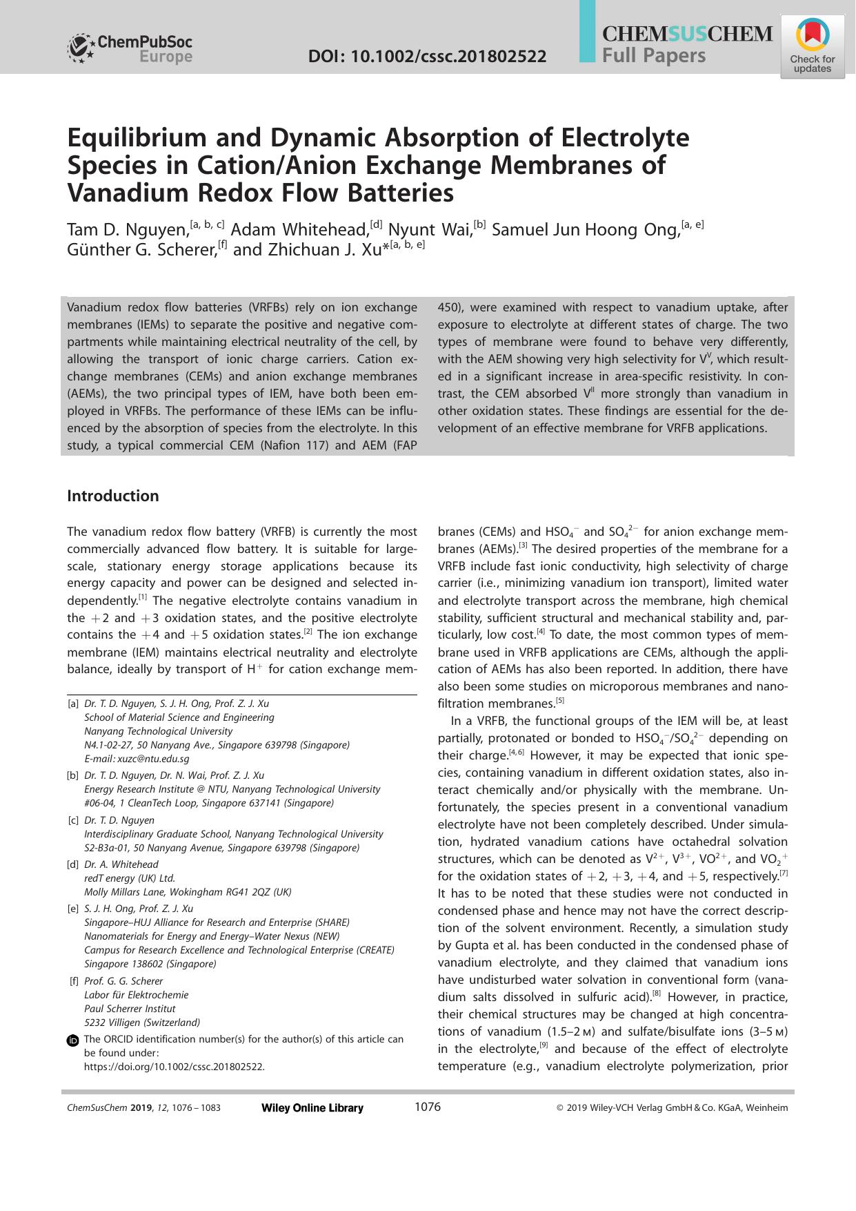 Equilibrium and Dynamic Absorption of Electrolyte Species in CationAnion Exchange Membranes of Vanadium Redox Flow Batteries by Unknown