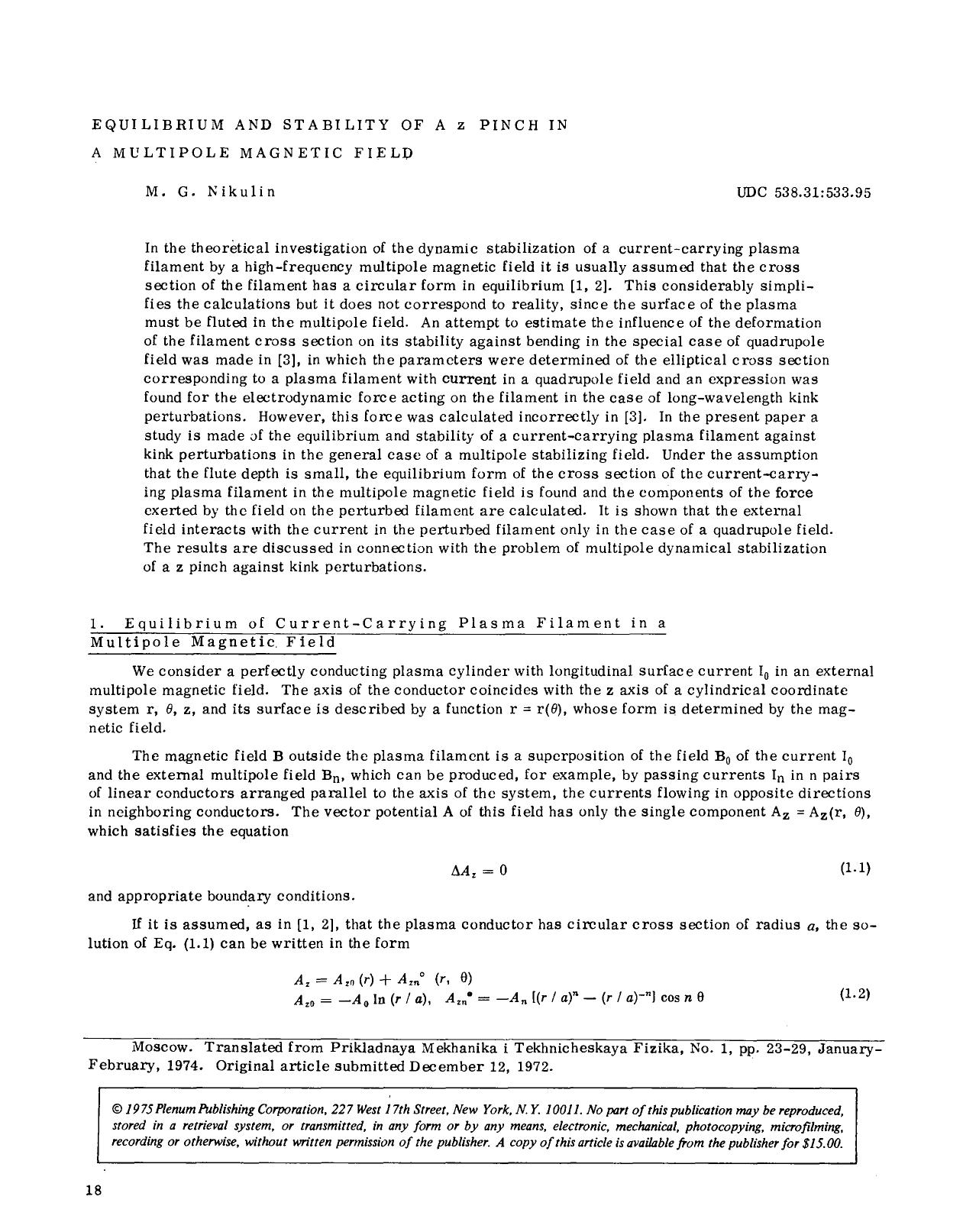 Equilibrium and stability of a z pinch in a multipole magnetic field by Unknown