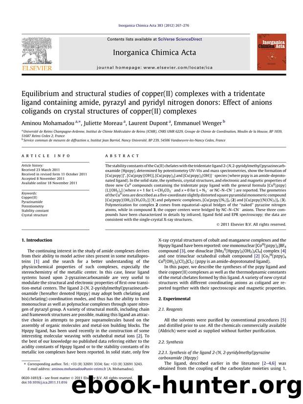 Equilibrium and structural studies of copper(II) complexes with a tridentate ligand containing amide, pyrazyl and pyridyl nitrogen donors: Effect of anions coligands on crystal str by Aminou Mohamadou & Juliette Moreau & Laurent Dupont & Emmanuel Wenger